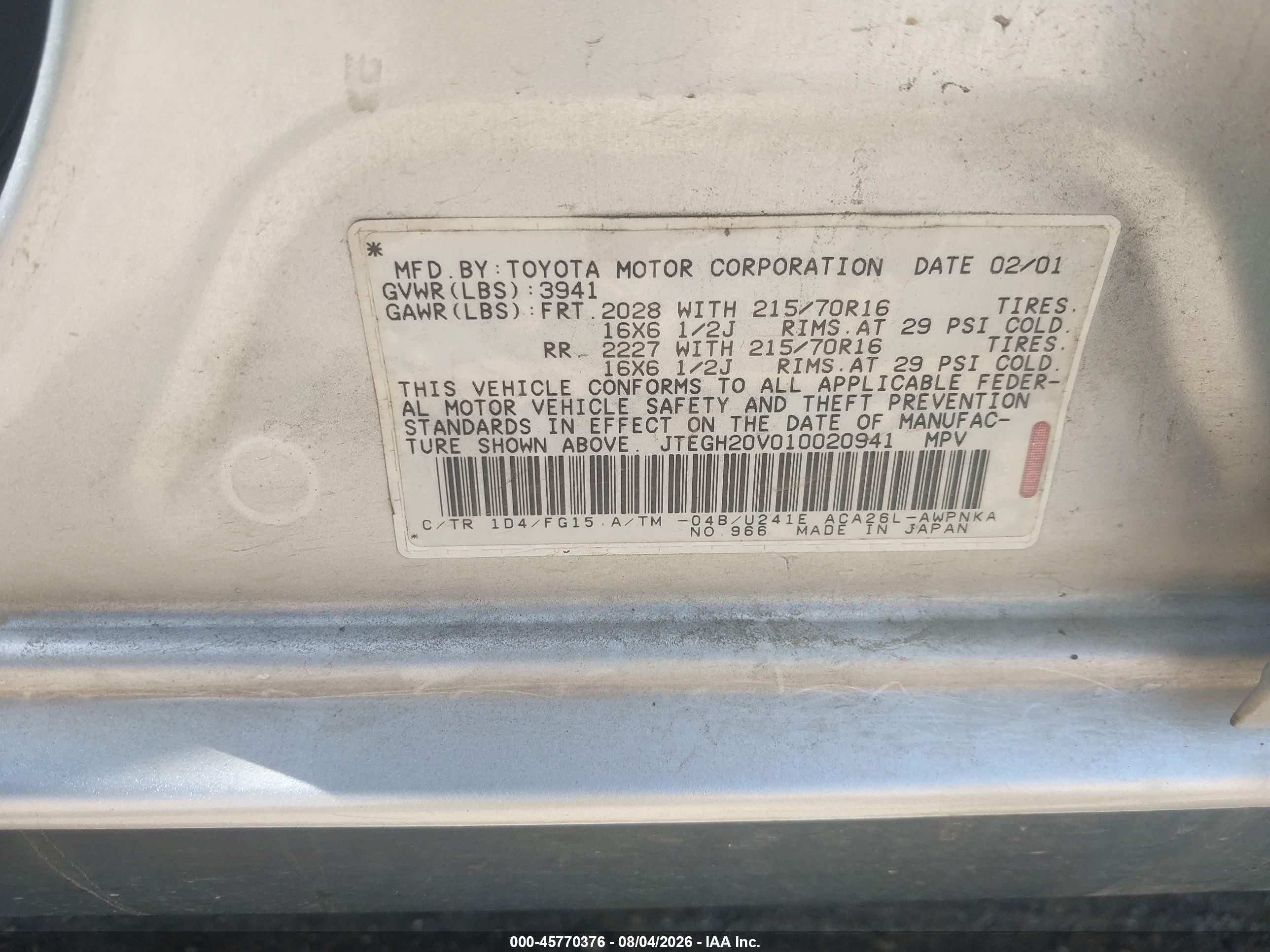 2001 Toyota Rav4   Silver vin: JTEGH20V010020941