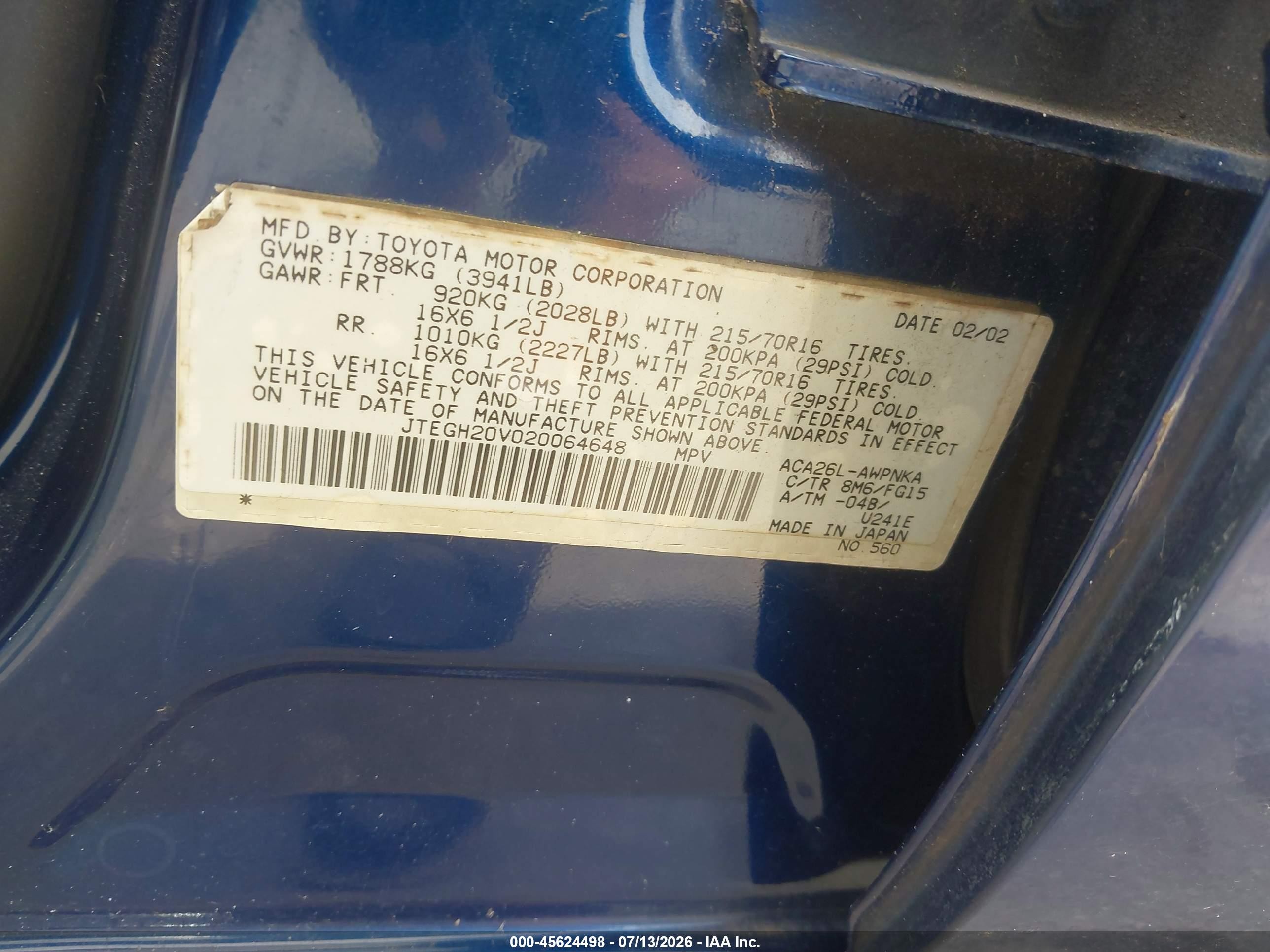 2002 Toyota Rav4   Blue vin: JTEGH20V020064648