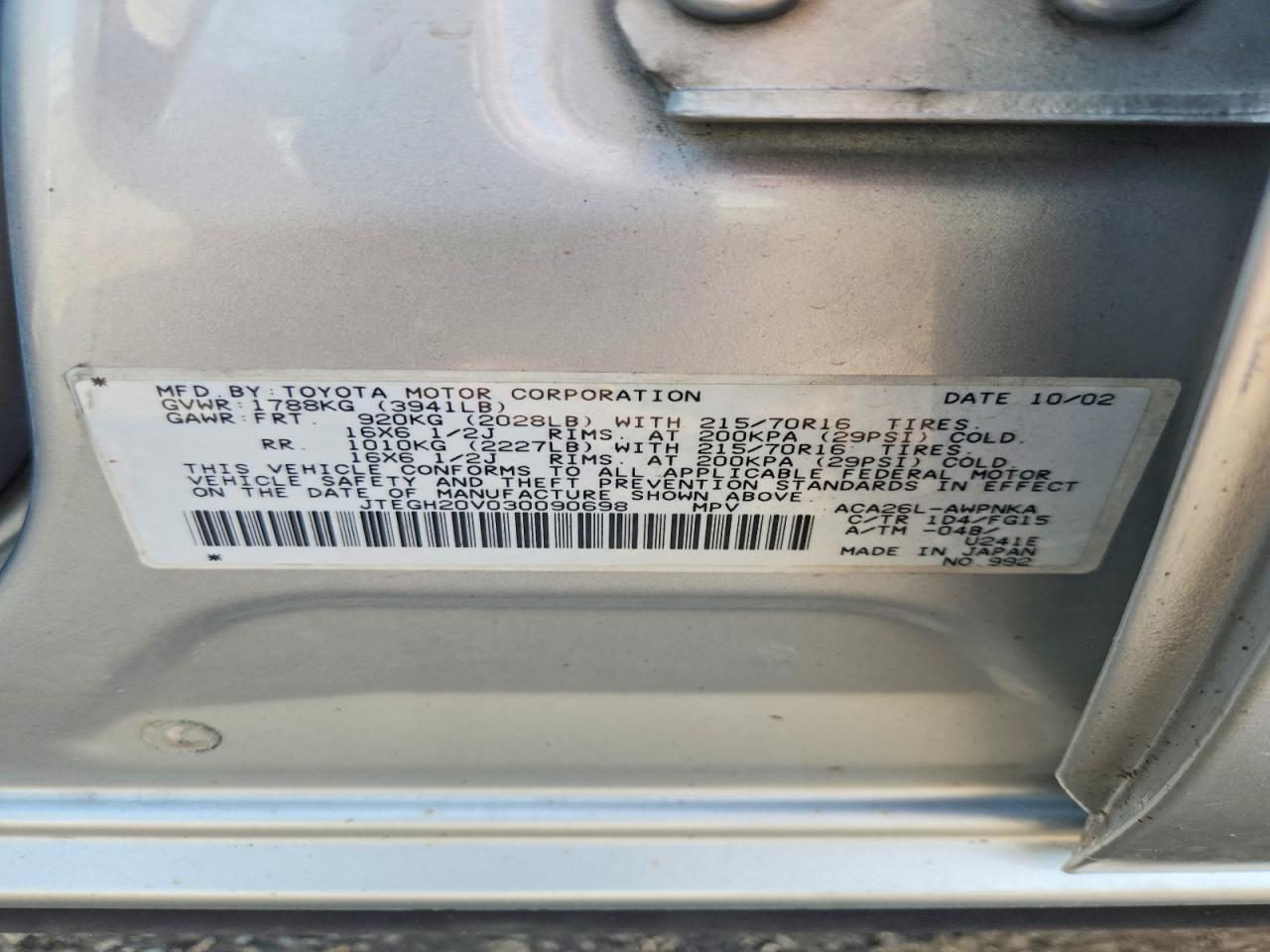 2003 Toyota Rav4 Base Silver vin: JTEGH20V030090698