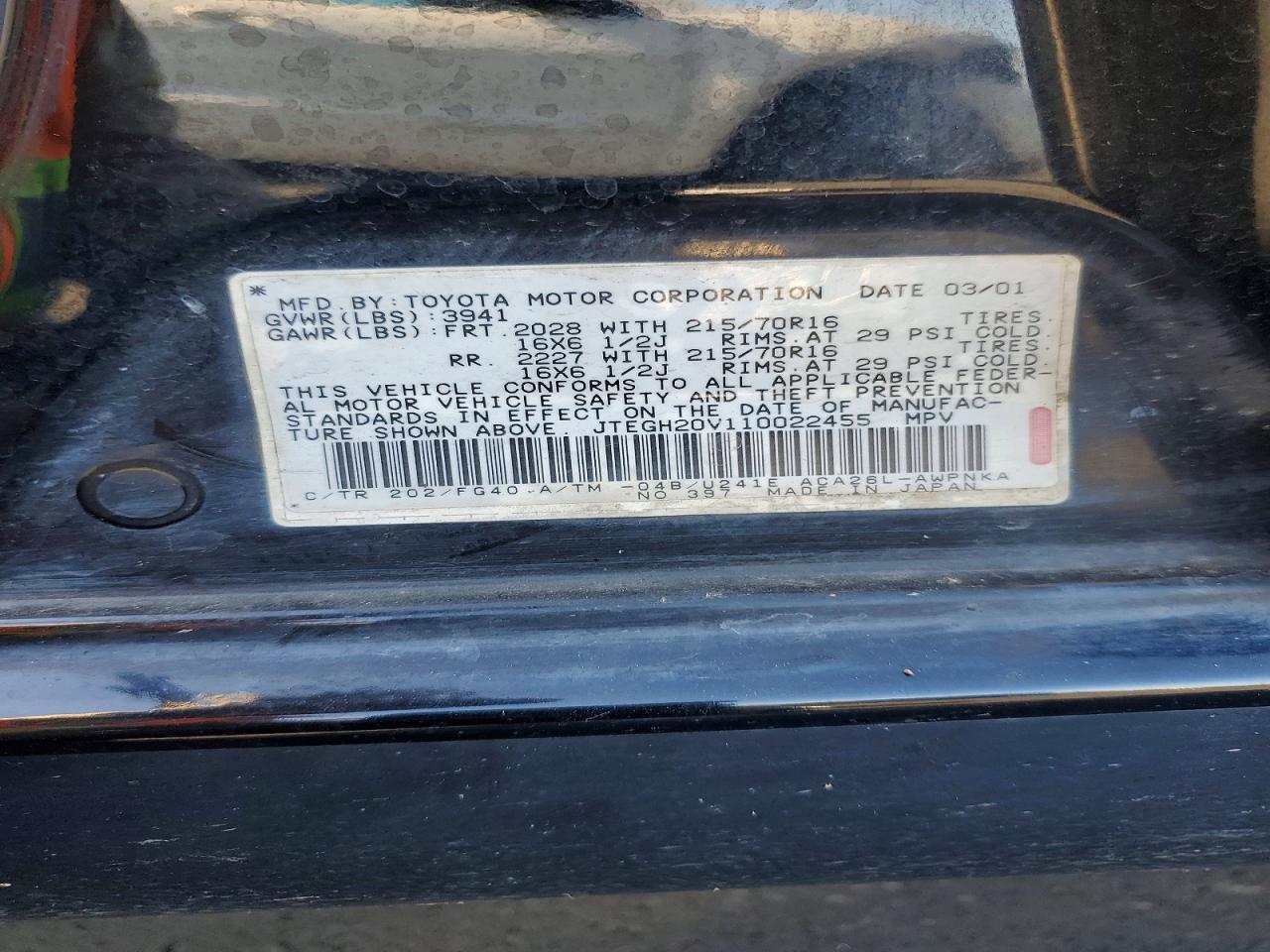 2001 Toyota Rav4 Base Black vin: JTEGH20V110022455