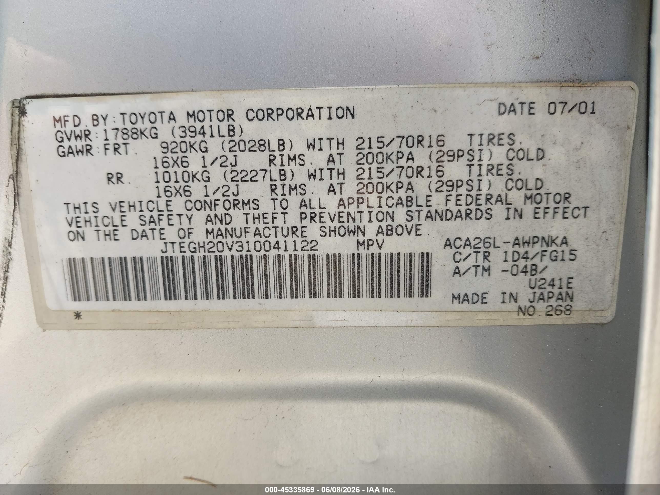 2001 Toyota Rav4   Silver vin: JTEGH20V310041122