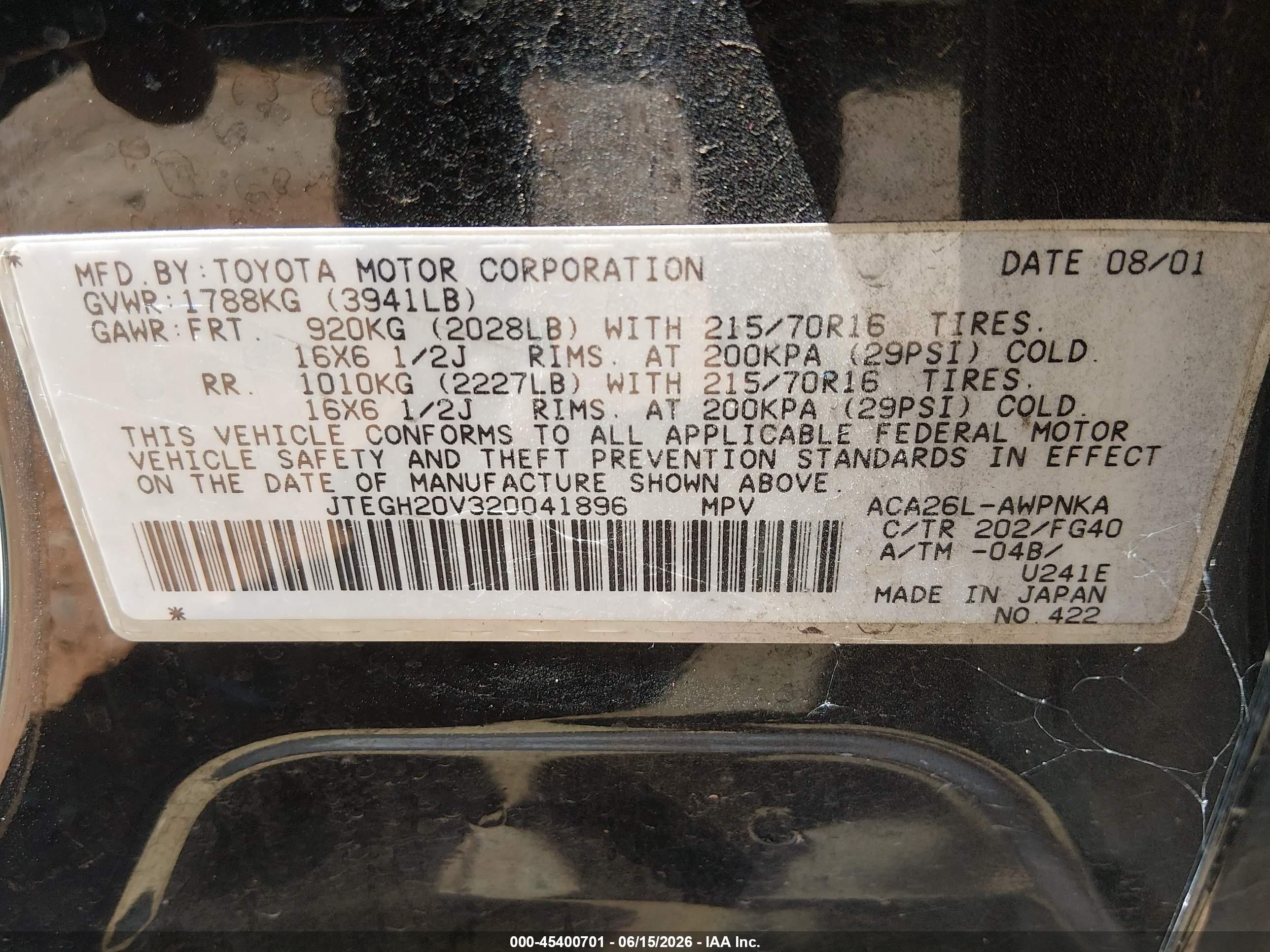 2002 Toyota Rav4 Black vin: JTEGH20V320041896