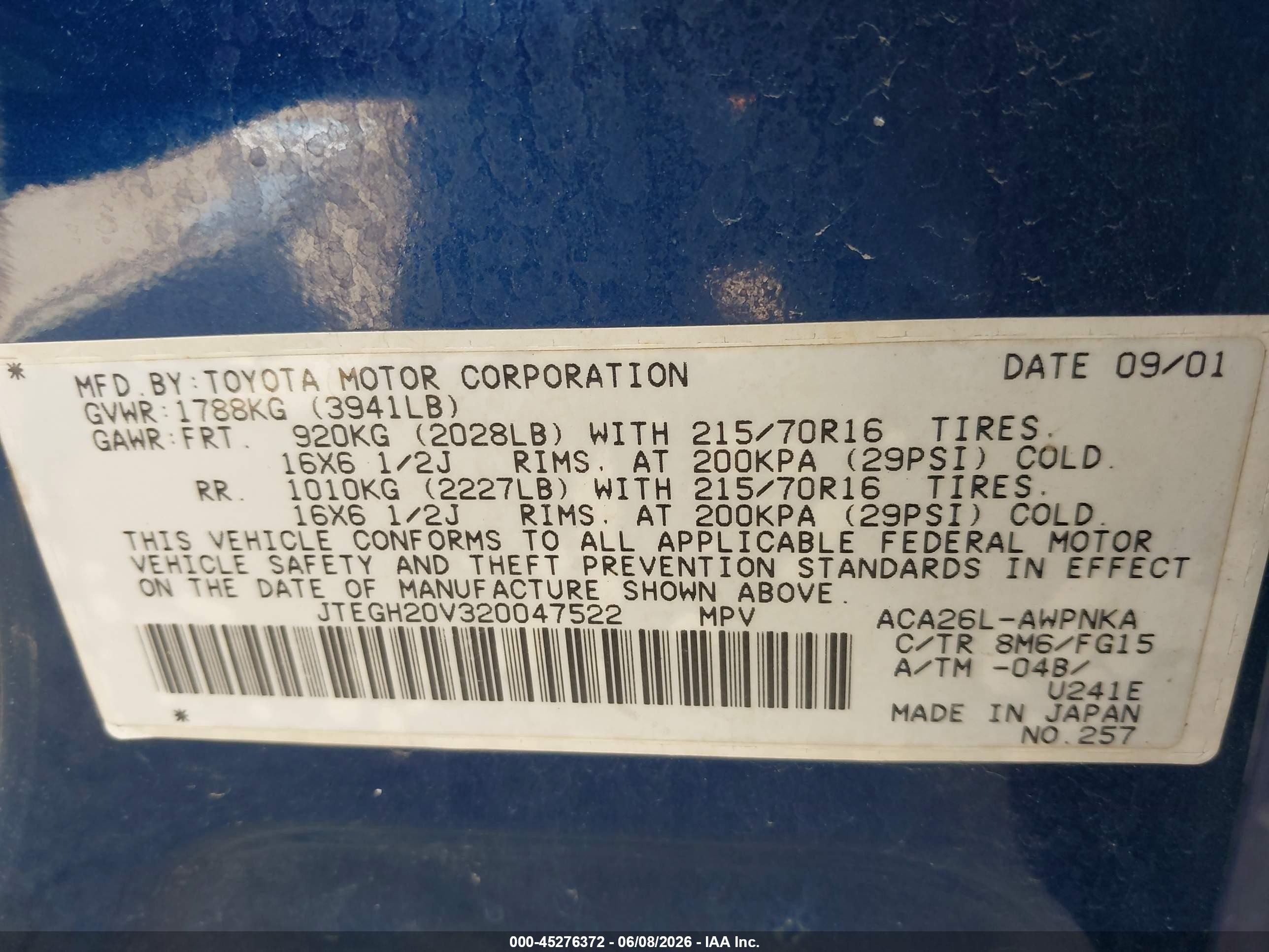 2002 Toyota Rav4   Blue vin: JTEGH20V320047522
