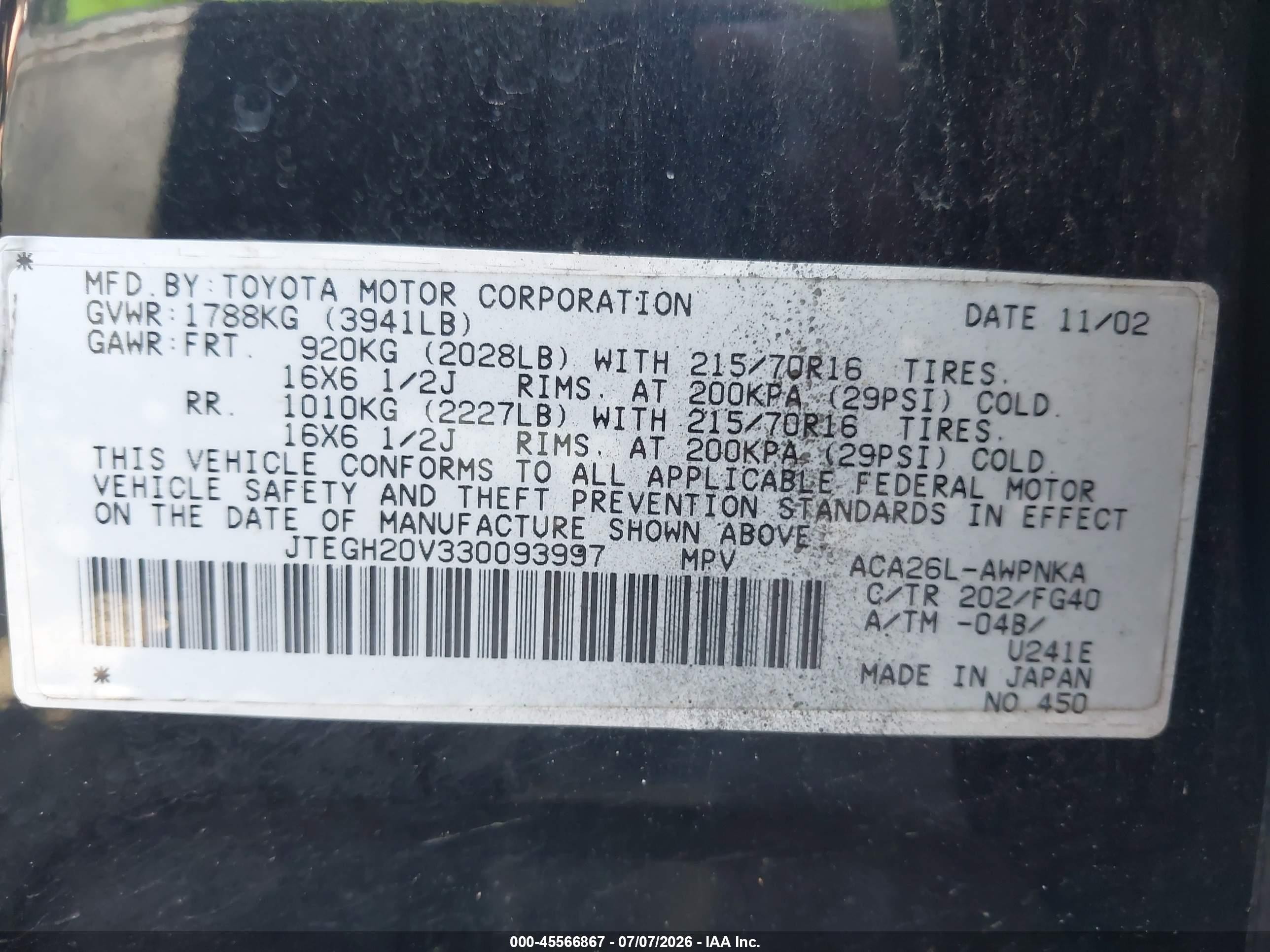 2003 Toyota Rav4   Black vin: JTEGH20V330093997