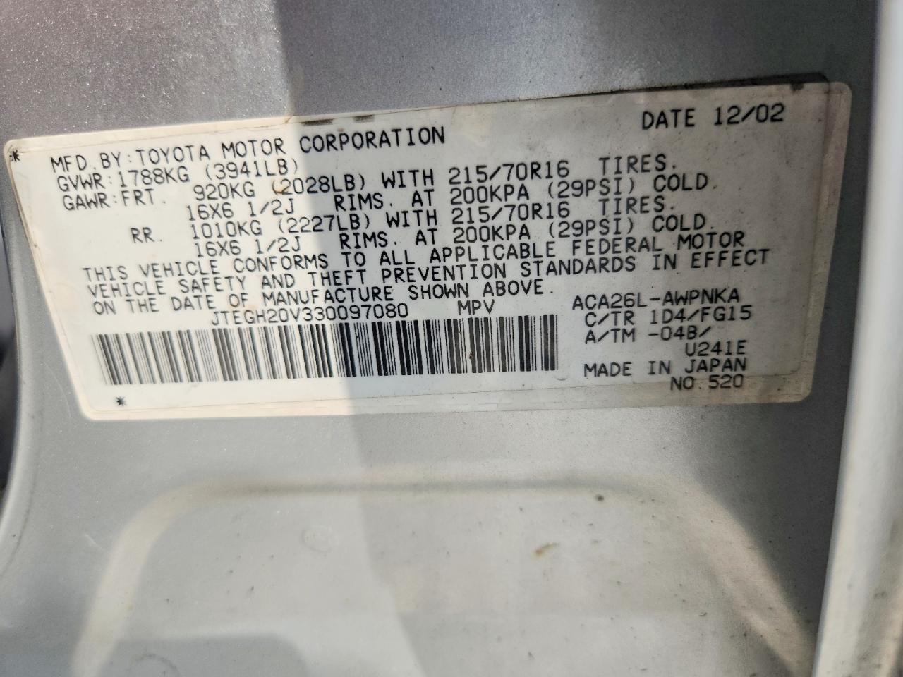 2003 Toyota Rav4 Base Silver vin: JTEGH20V330097080