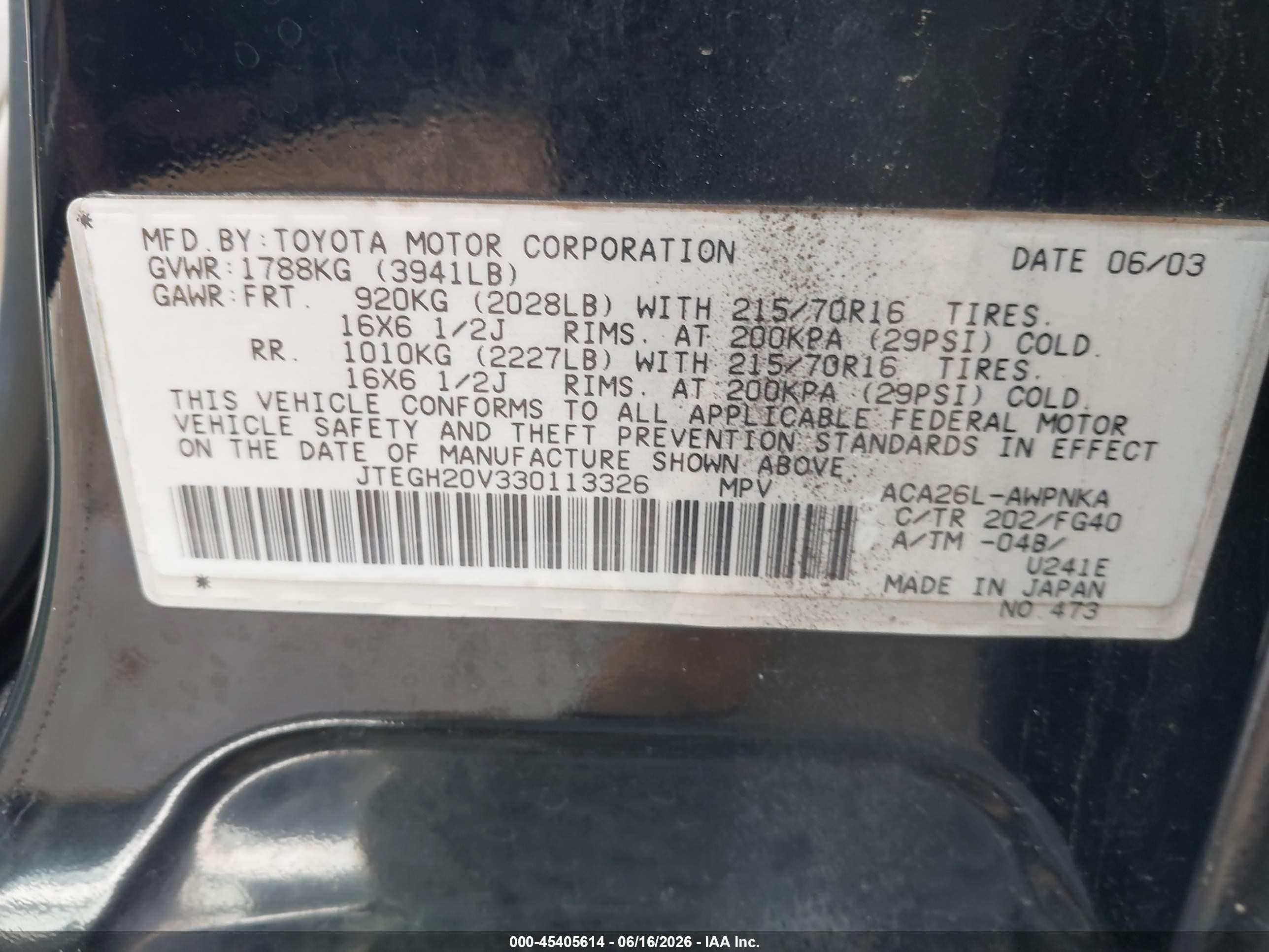 2003 Toyota Rav4   Black vin: JTEGH20V330113326