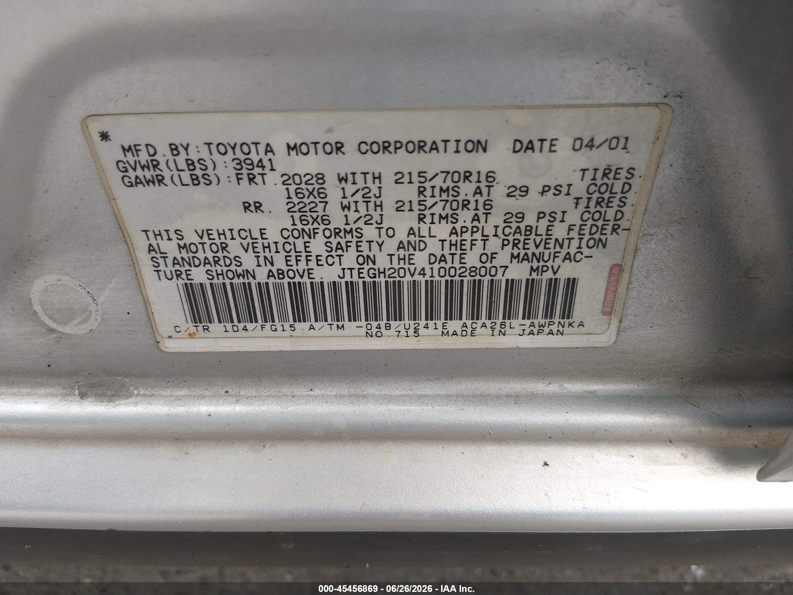2001 Toyota Rav4   Silver vin: JTEGH20V410028007