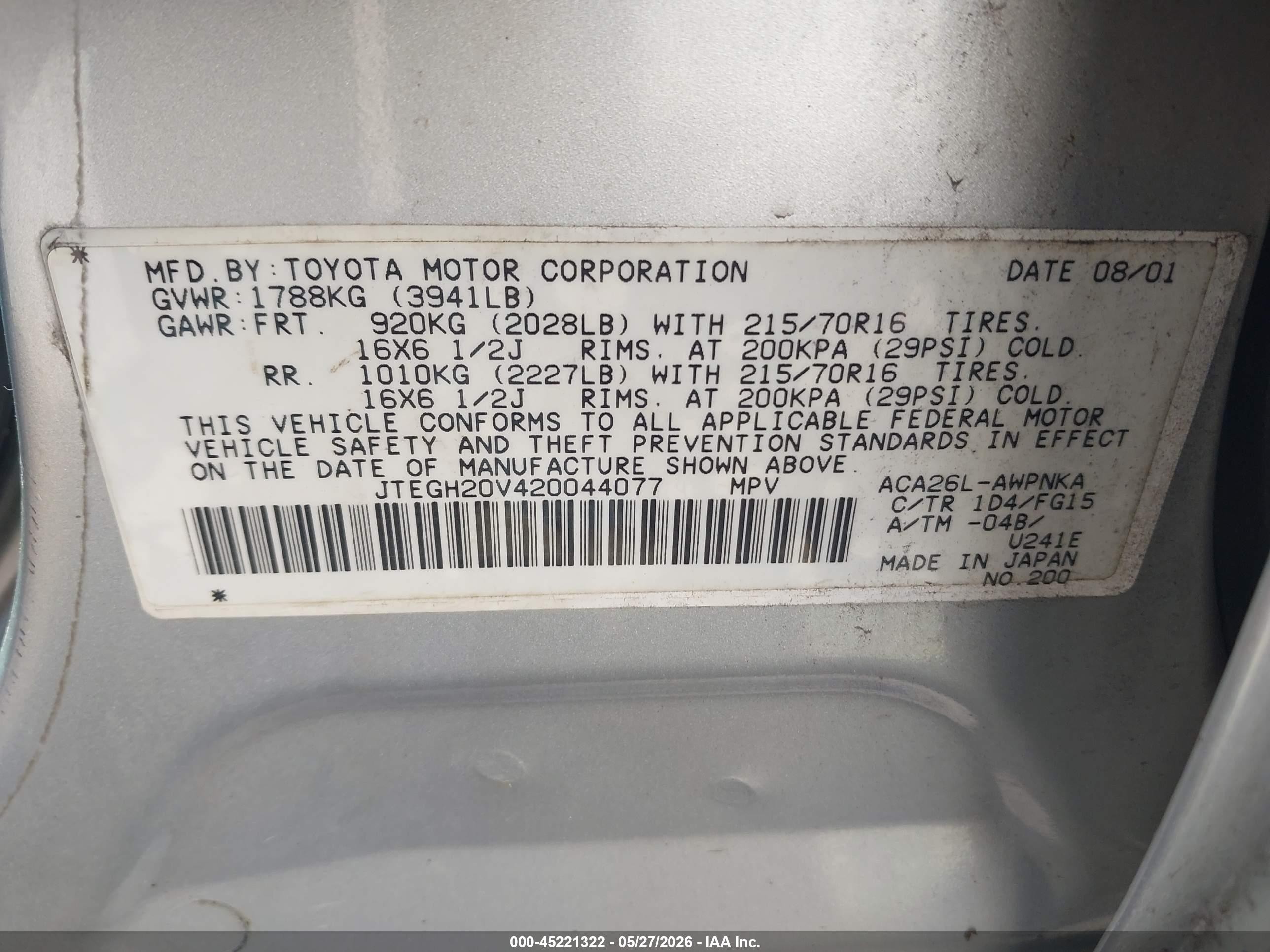 2002 Toyota Rav4   Silver vin: JTEGH20V420044077