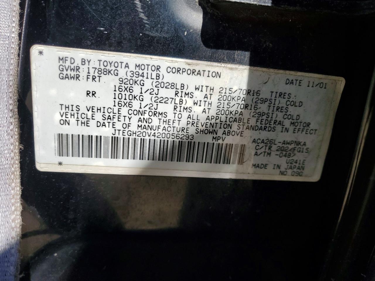 2002 Toyota Rav4 Base Black vin: JTEGH20V420056293