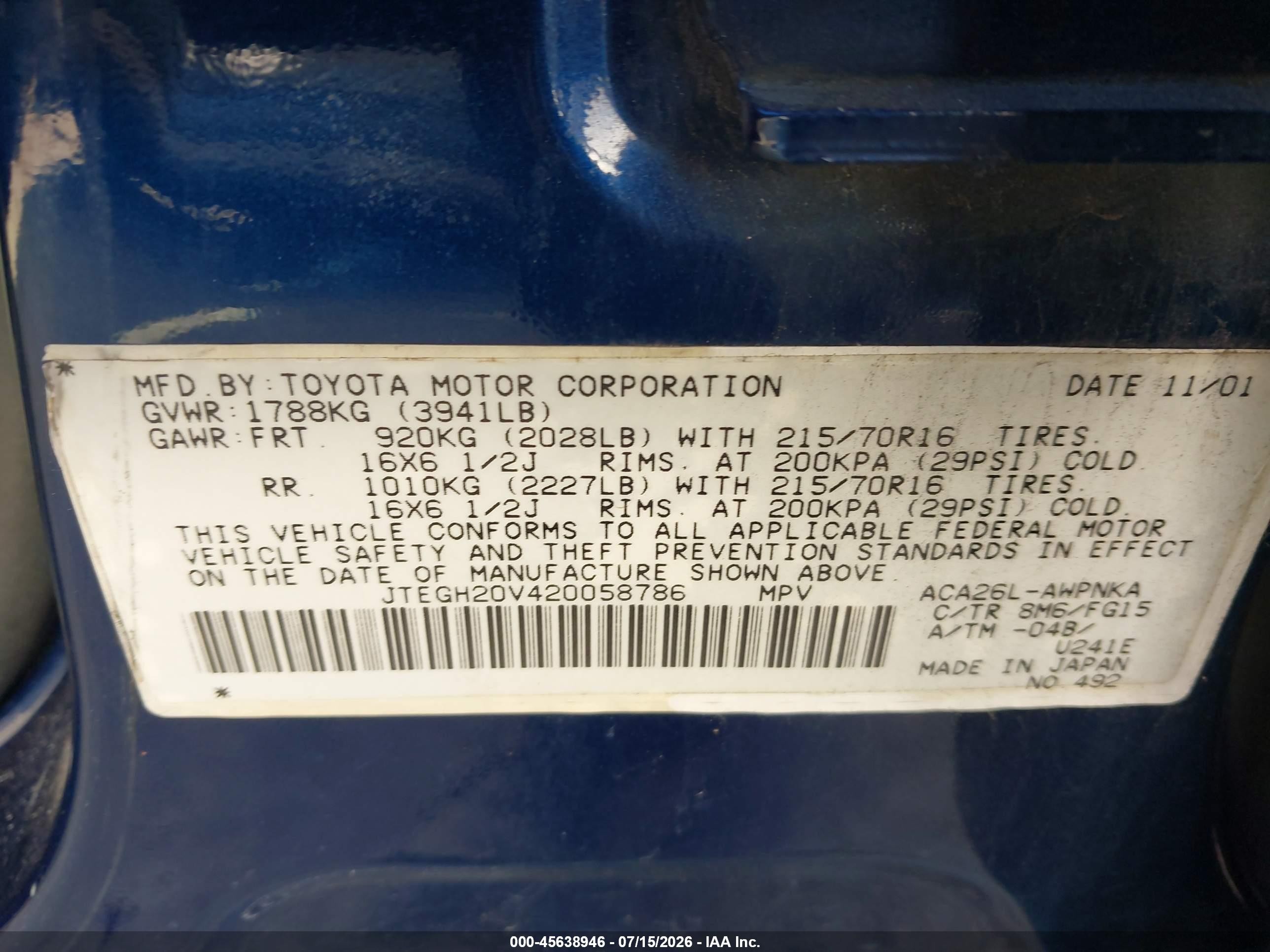 2002 Toyota Rav4   Blue vin: JTEGH20V420058786