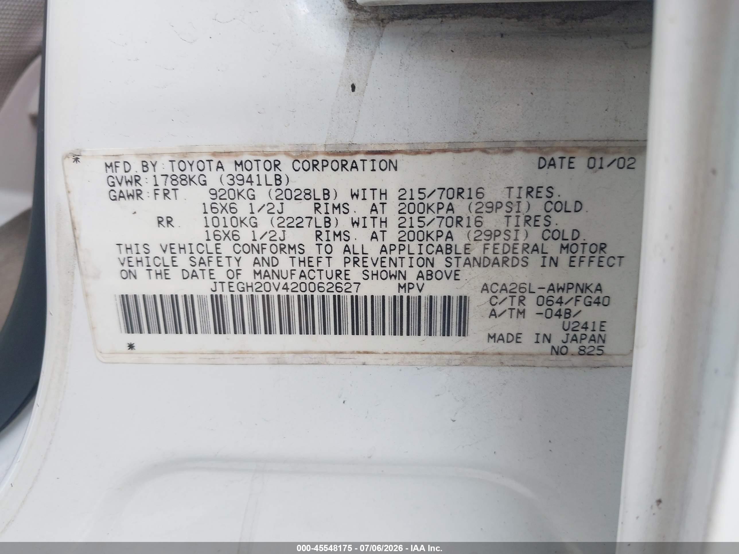 2002 Toyota Rav4   White vin: JTEGH20V420062627