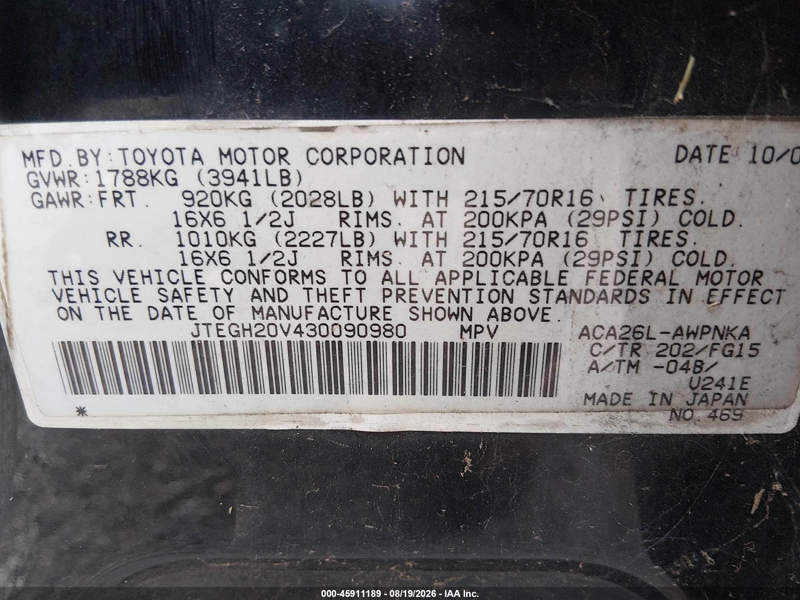 2003 Toyota Rav4   Black vin: JTEGH20V430090980