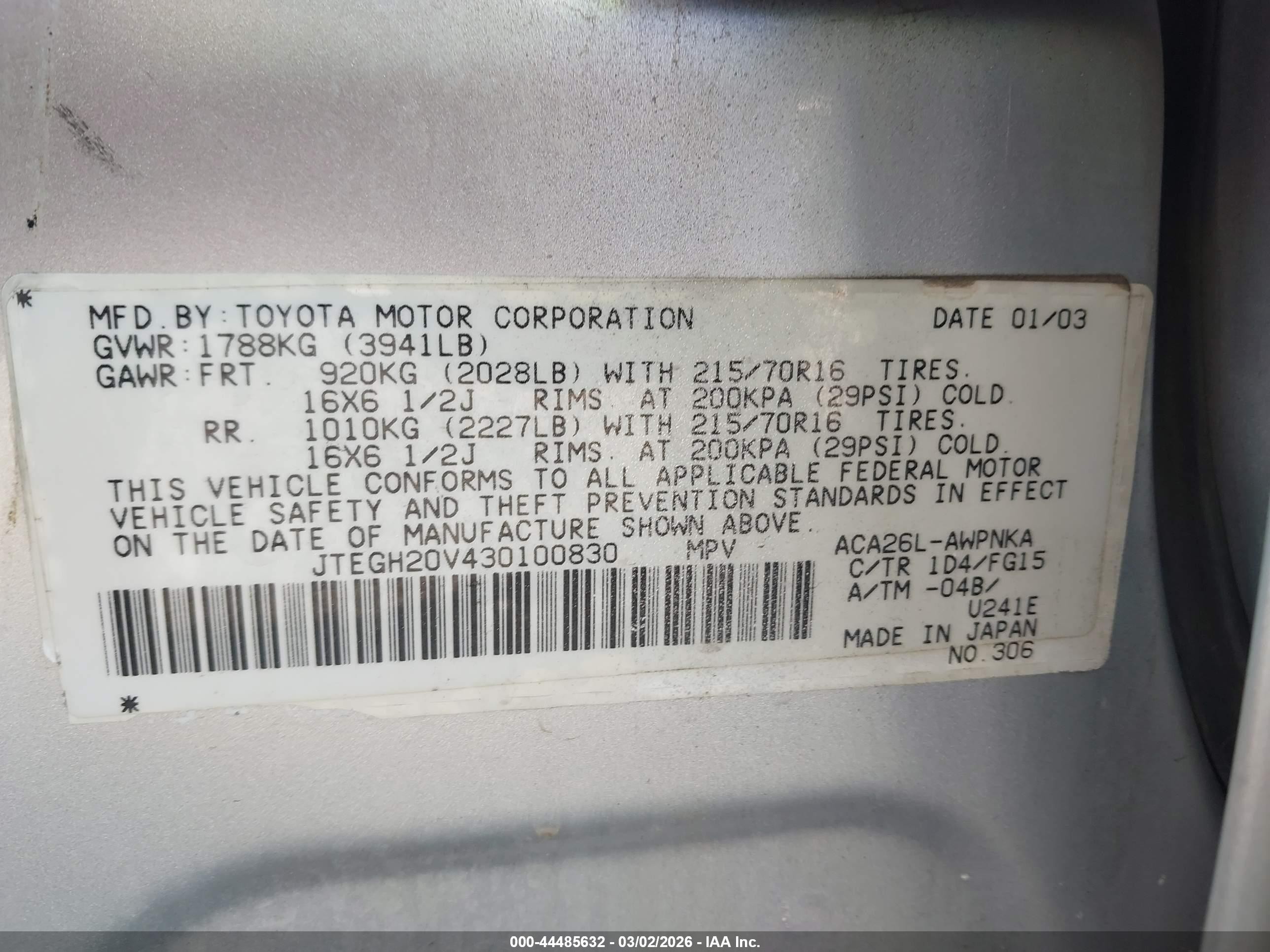 2003 Toyota Rav4 Silver vin: JTEGH20V430100830