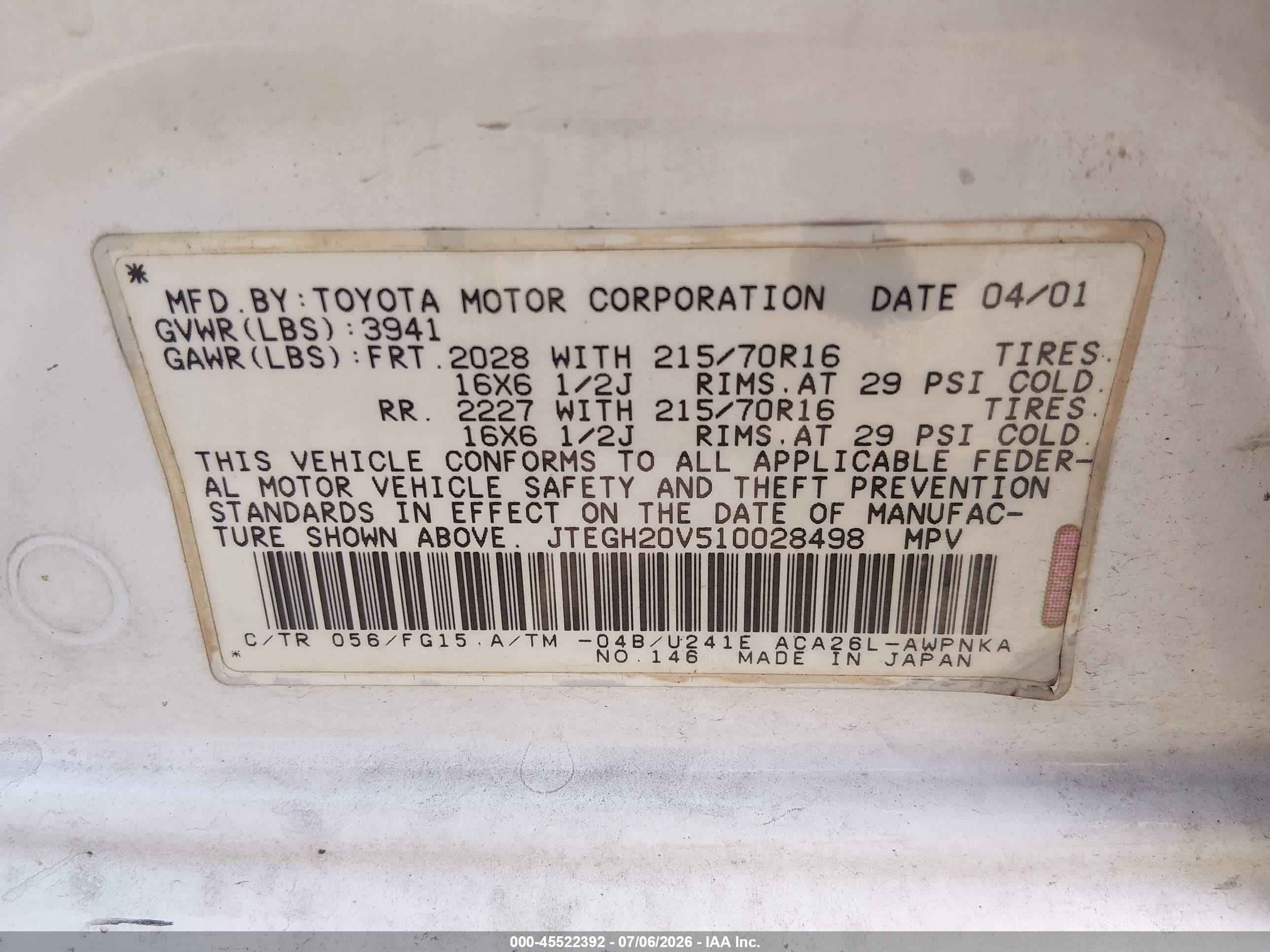2001 Toyota Rav4   White vin: JTEGH20V510028498
