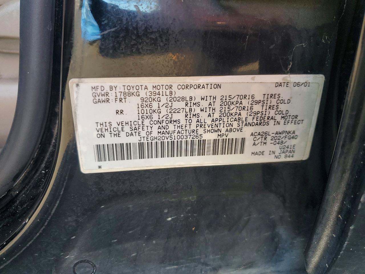 2001 Toyota Rav4 Base Black vin: JTEGH20V510037265