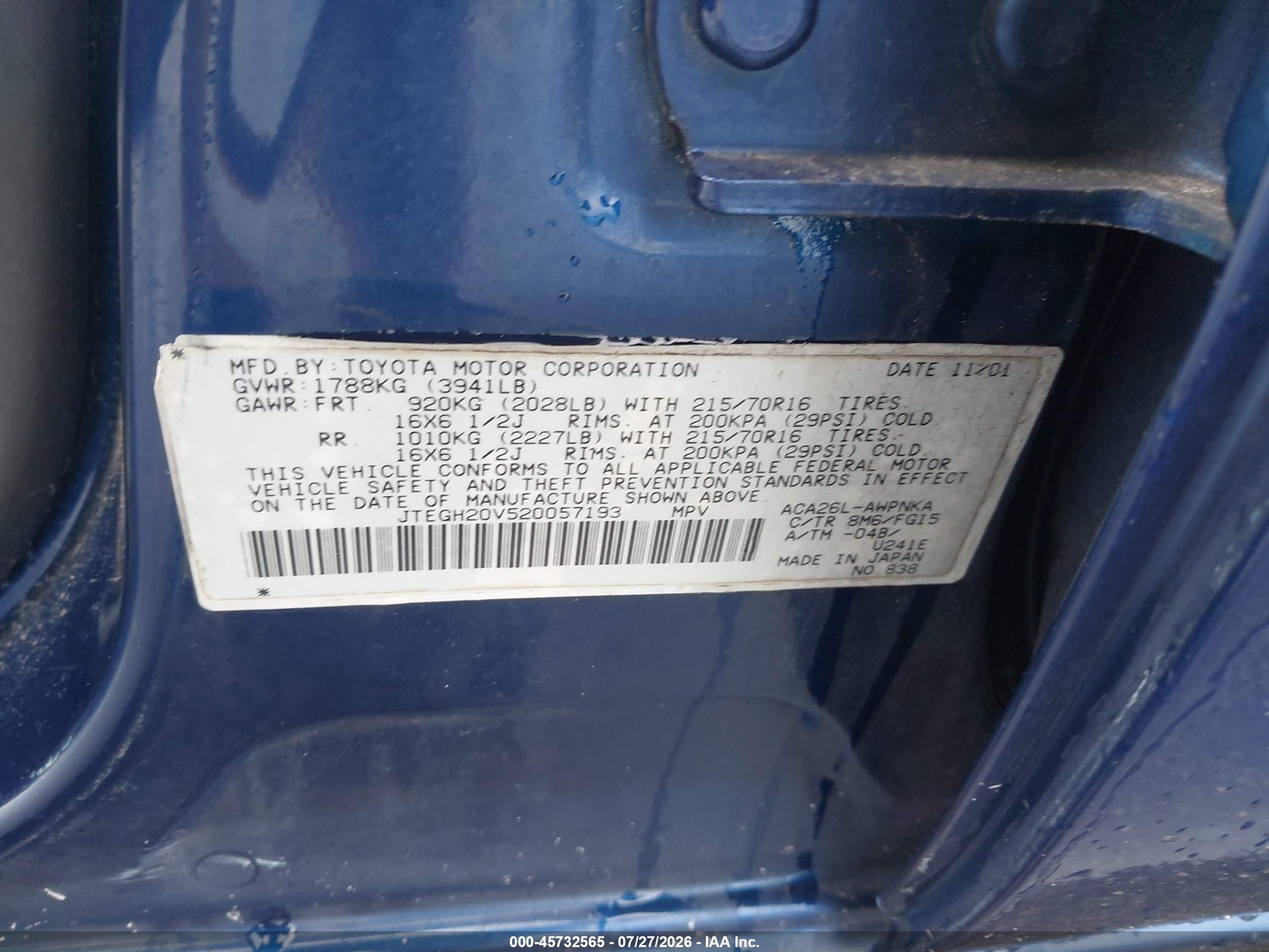 2002 Toyota Rav4   Blue vin: JTEGH20V520057193