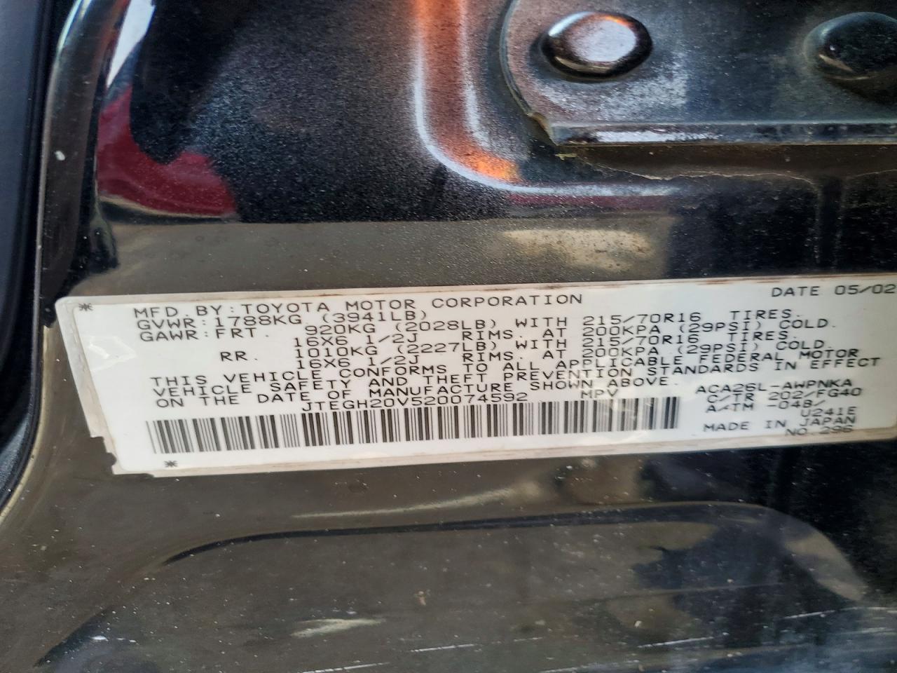 2002 Toyota Rav4 Base Black vin: JTEGH20V520074592