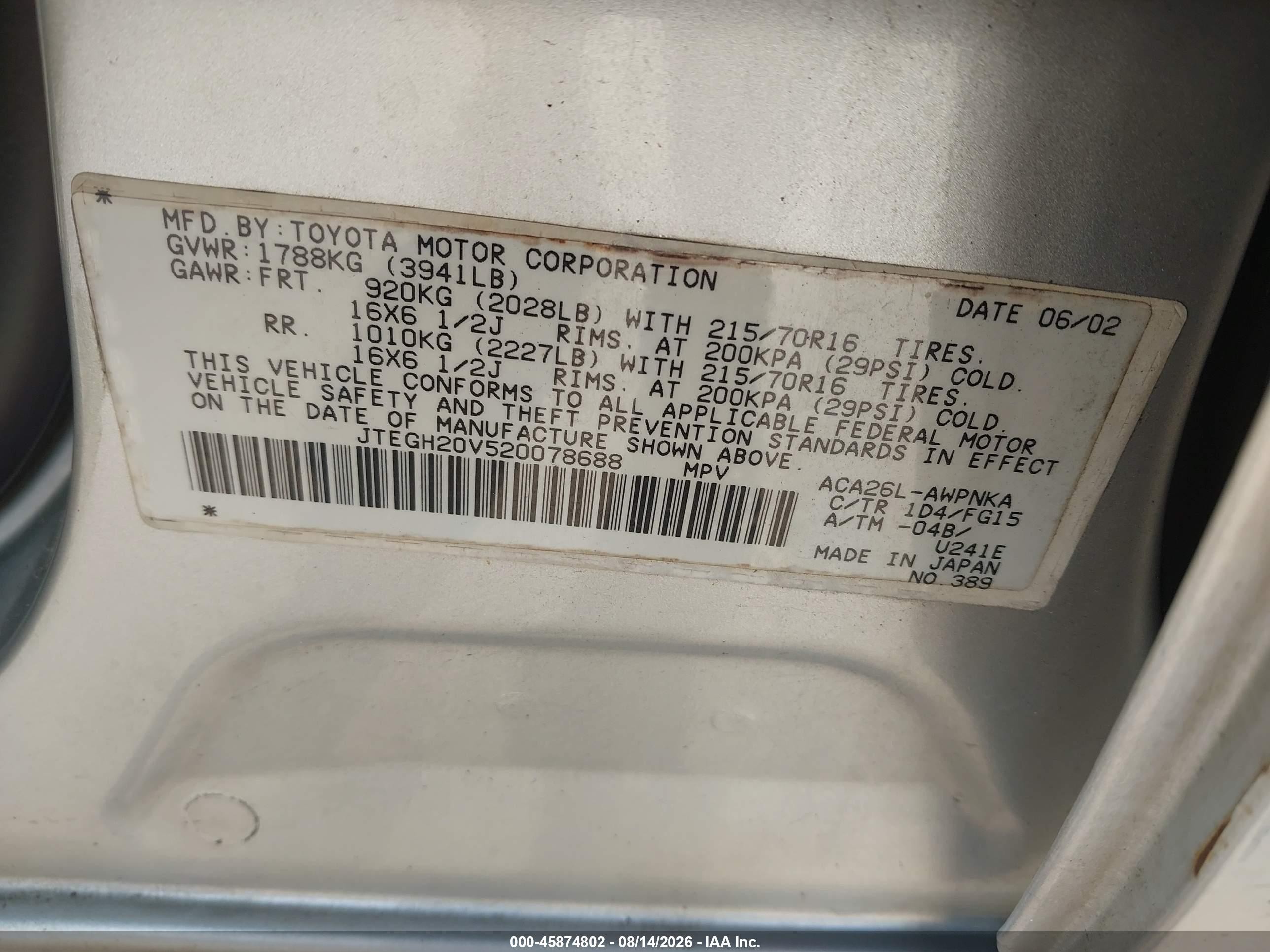 2002 Toyota Rav4   Silver vin: JTEGH20V520078688