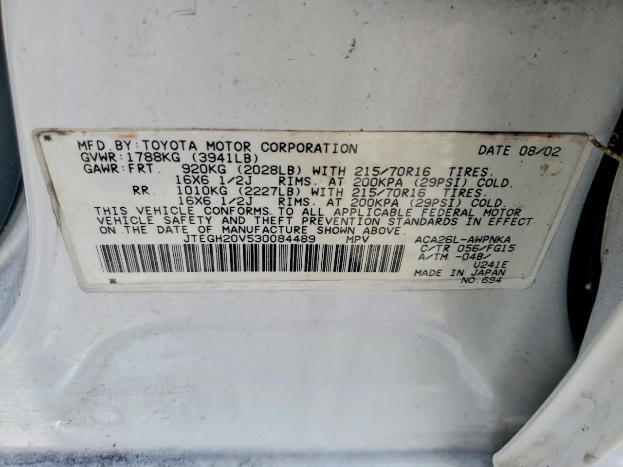 2003 Toyota Rav4 Base White vin: JTEGH20V530084489