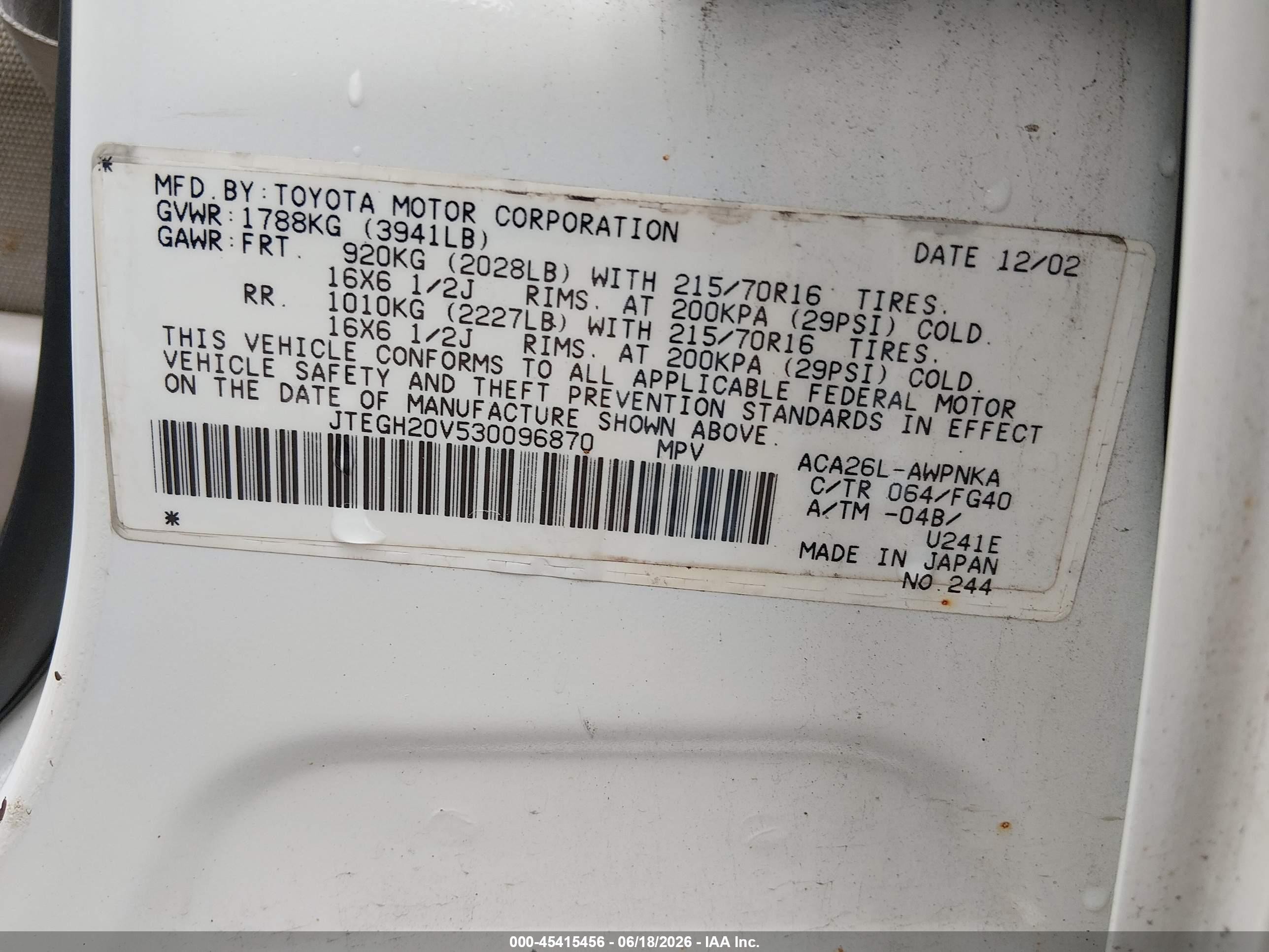2003 Toyota Rav4   White vin: JTEGH20V530096870