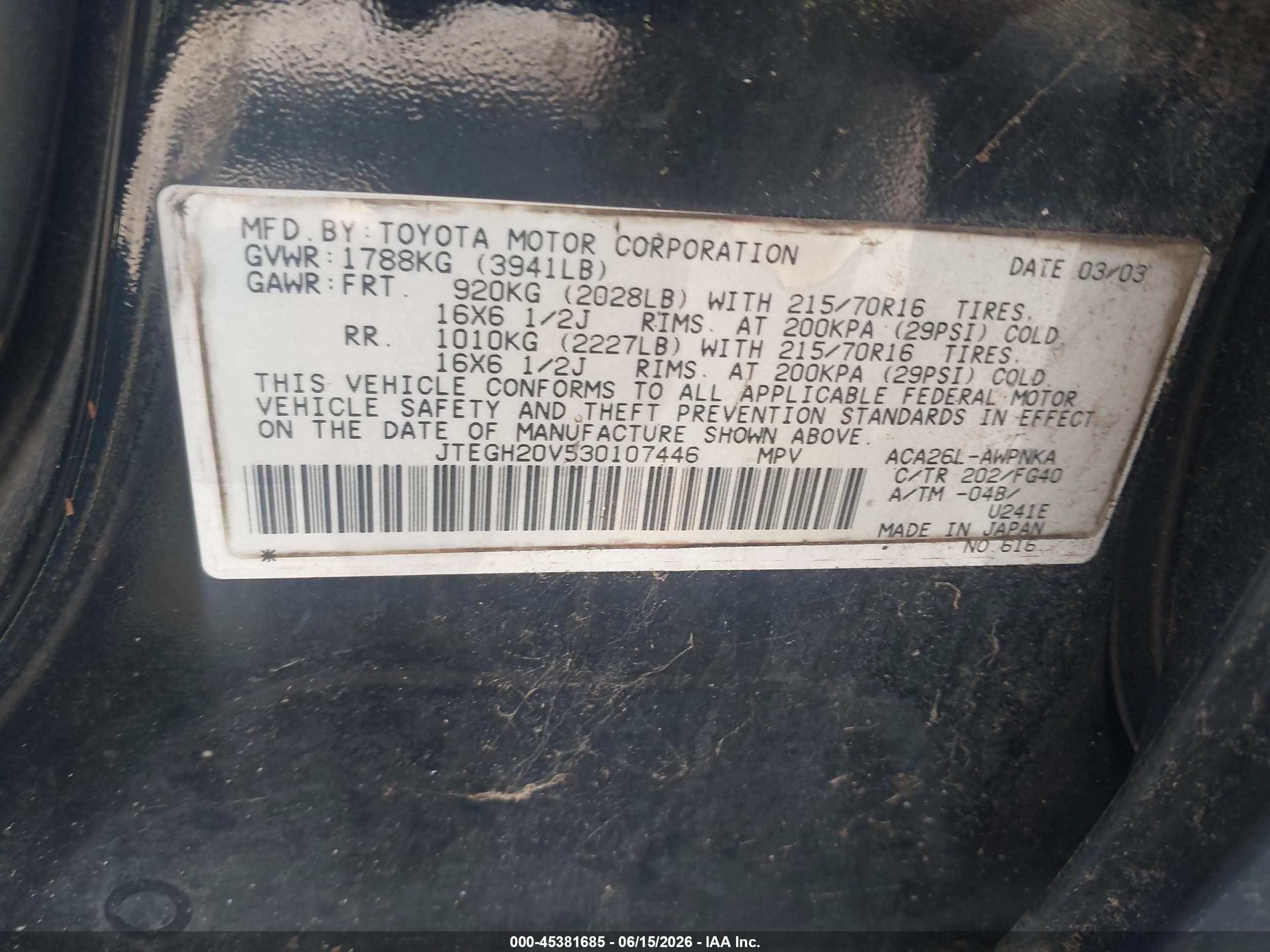 2003 Toyota Rav4   Black vin: JTEGH20V530107446