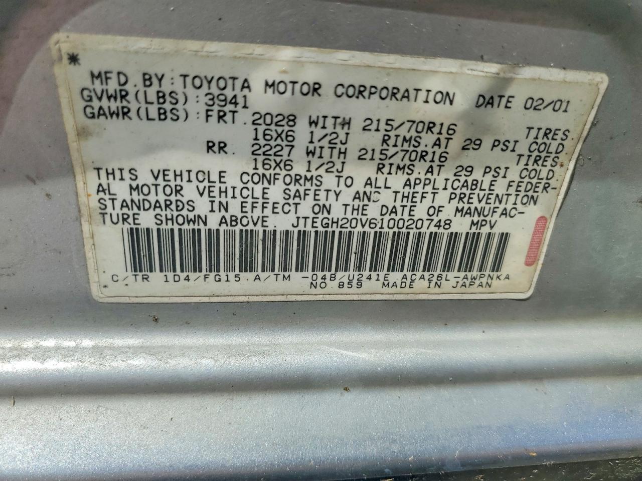 2001 Toyota Rav4 Base Silver vin: JTEGH20V610020748