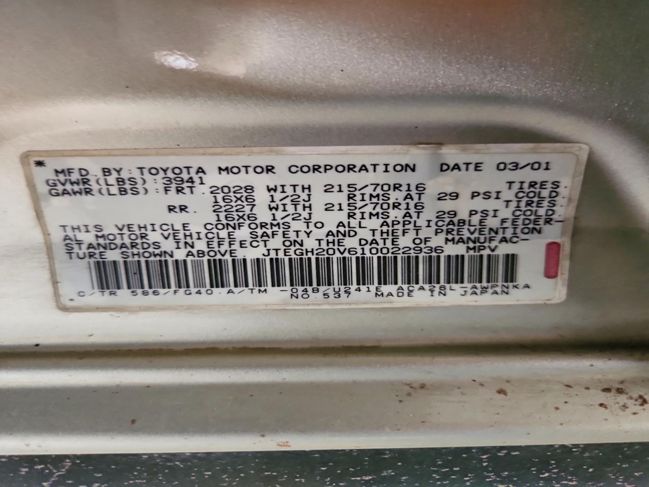 2001 Toyota Rav4 Base Gray vin: JTEGH20V610022936