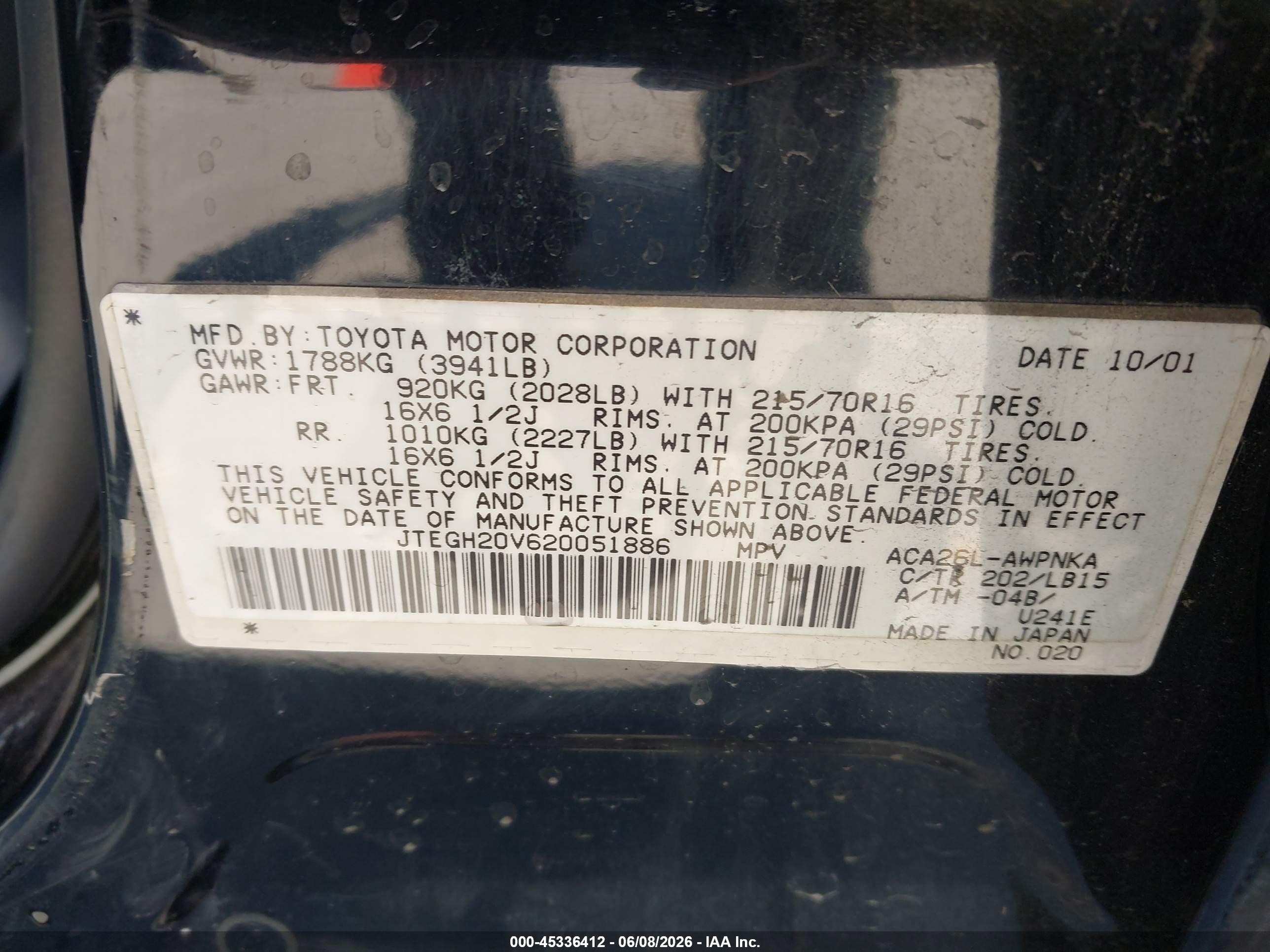 2002 Toyota Rav4   Black vin: JTEGH20V620051886