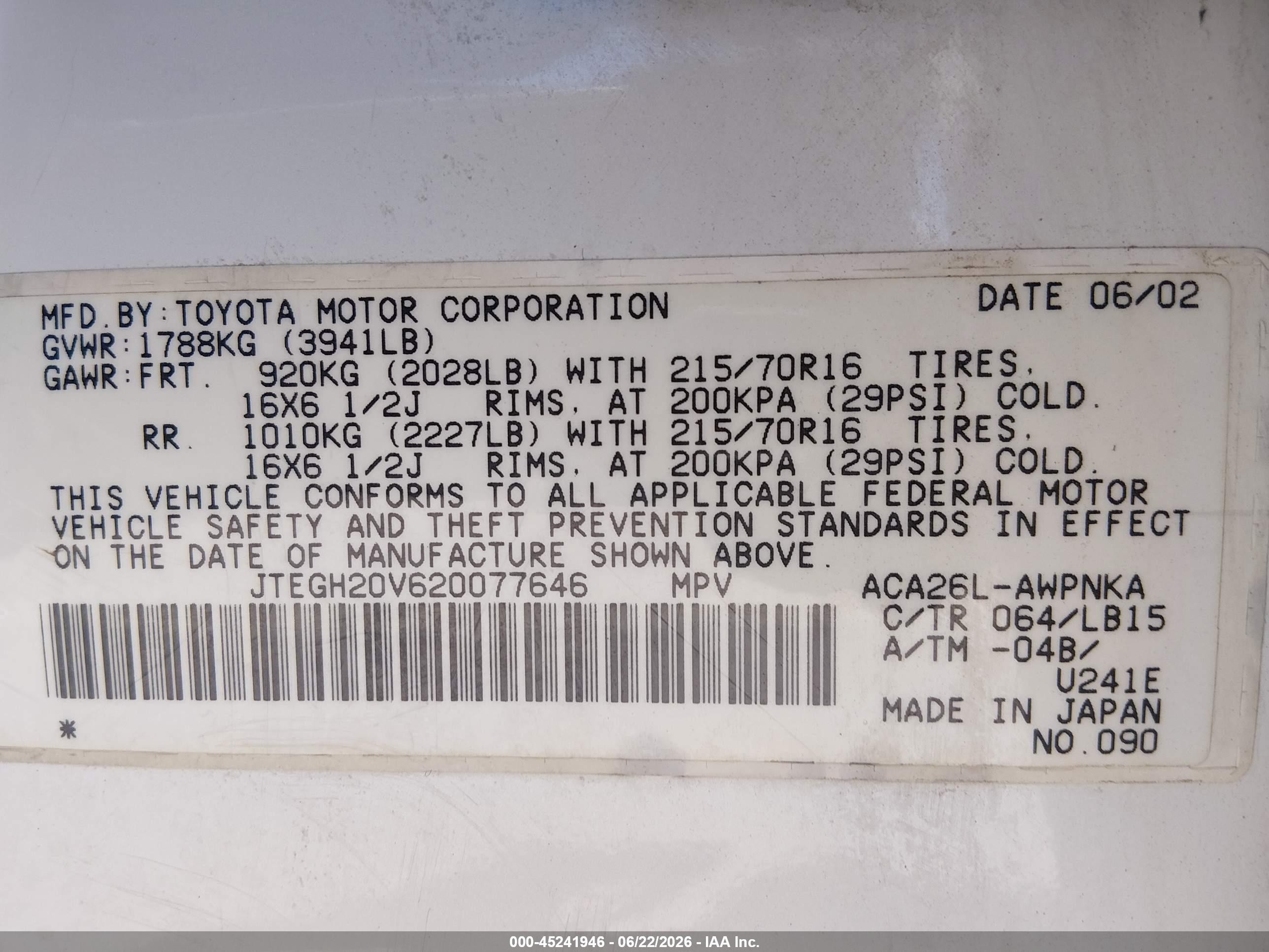 2002 Toyota Rav4   White vin: JTEGH20V620077646