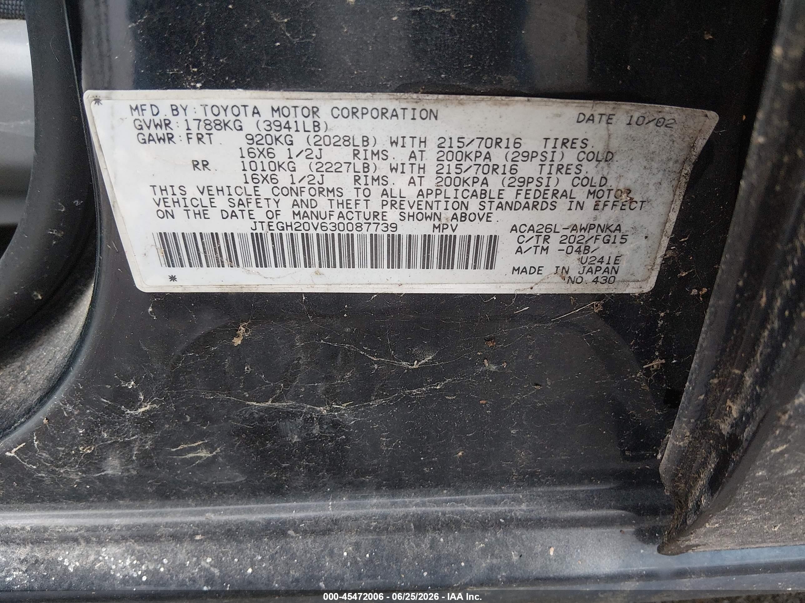 2003 Toyota Rav4   Black vin: JTEGH20V630087739