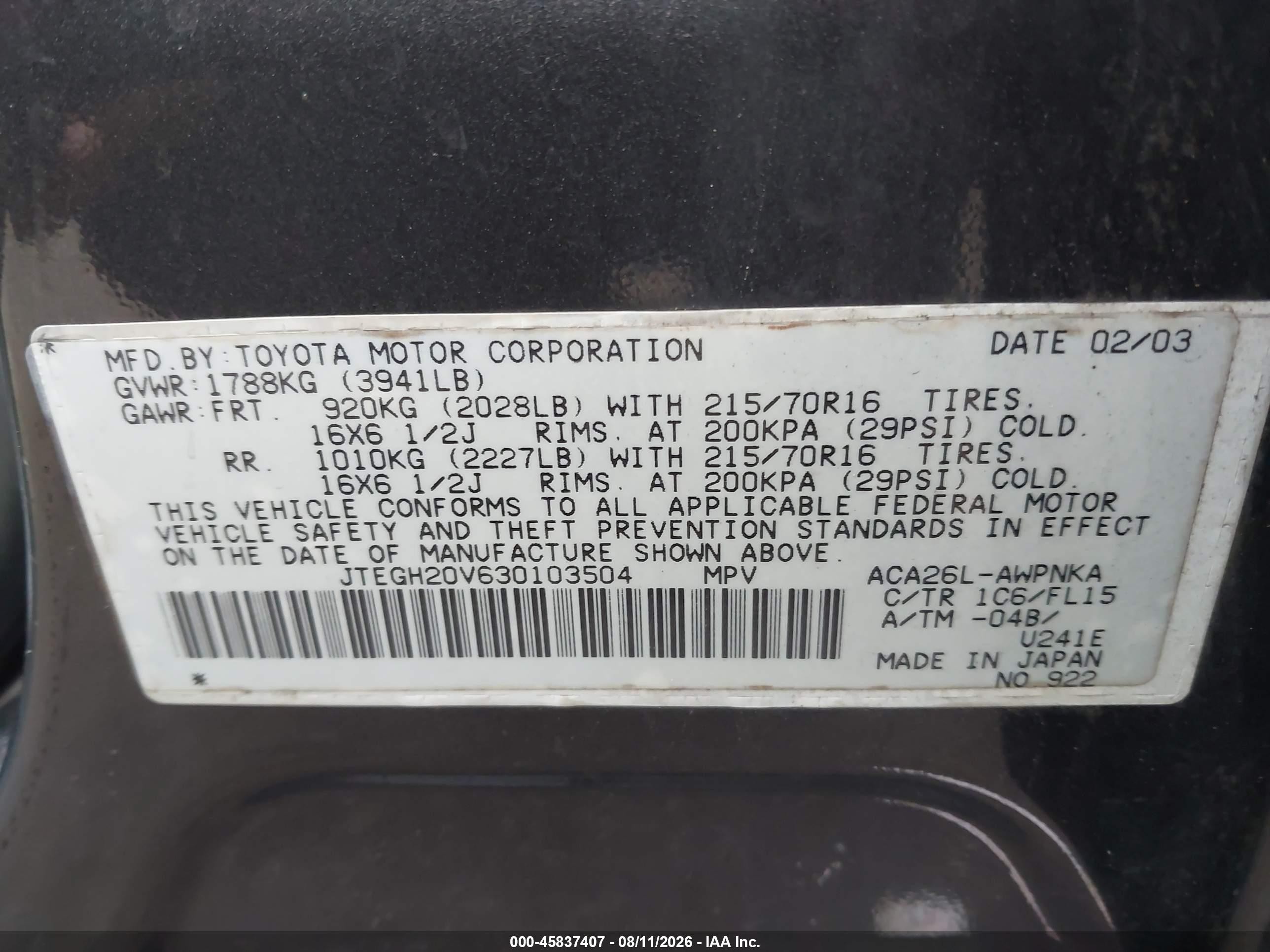 2003 Toyota Rav4   Gray vin: JTEGH20V630103504
