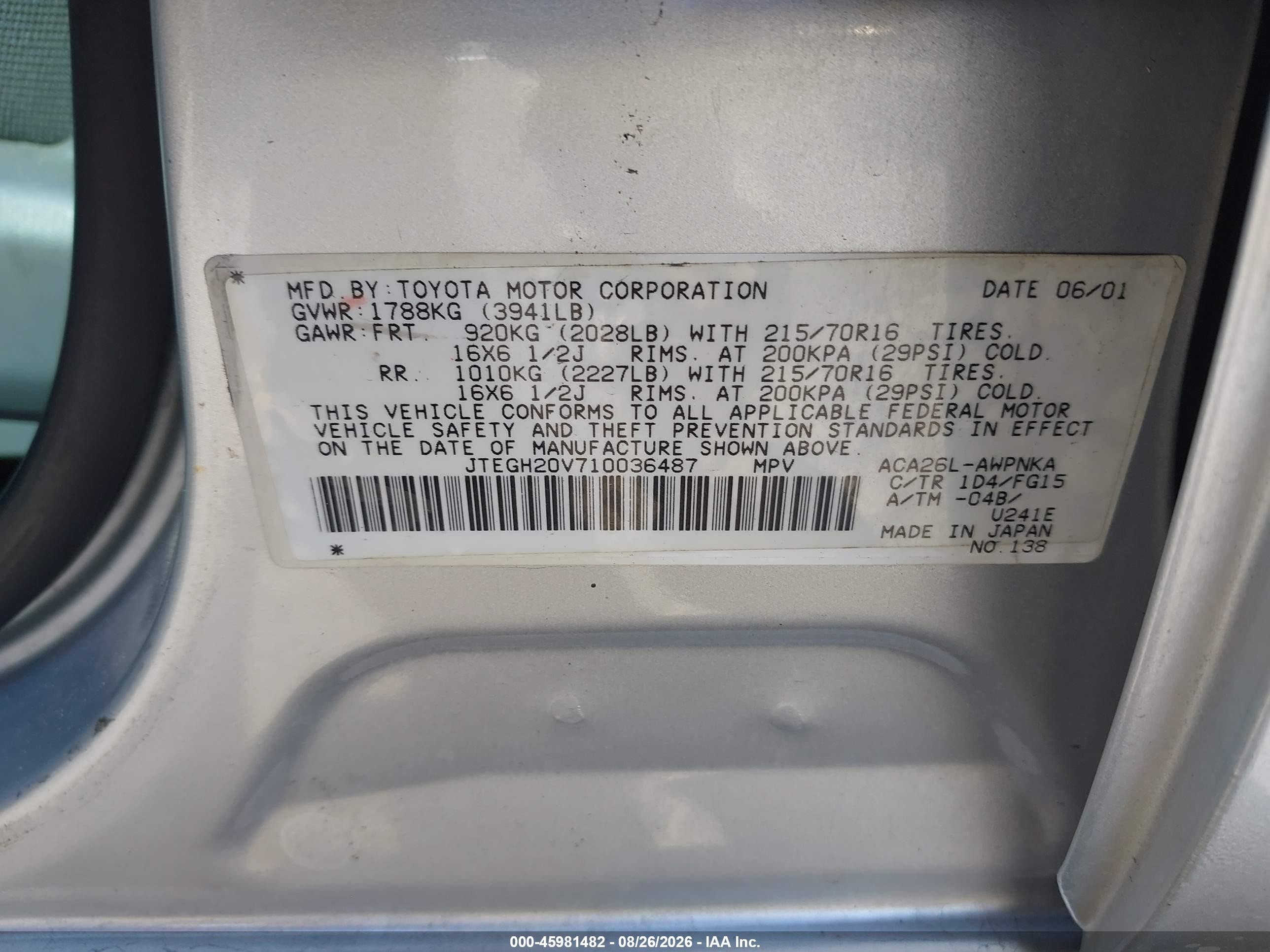 2001 Toyota Rav4   Silver vin: JTEGH20V710036487