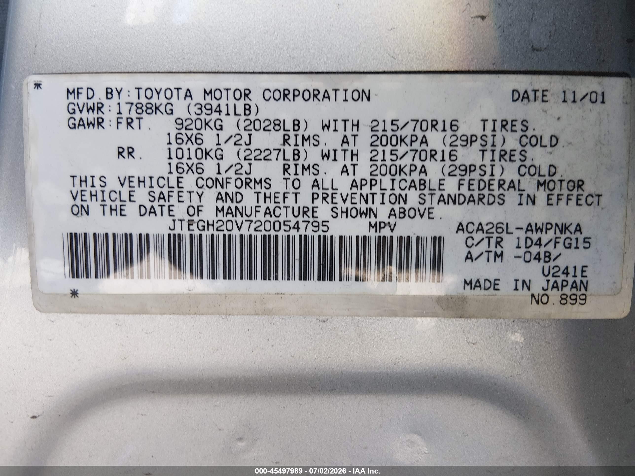2002 Toyota Rav4   Gray vin: JTEGH20V720054795