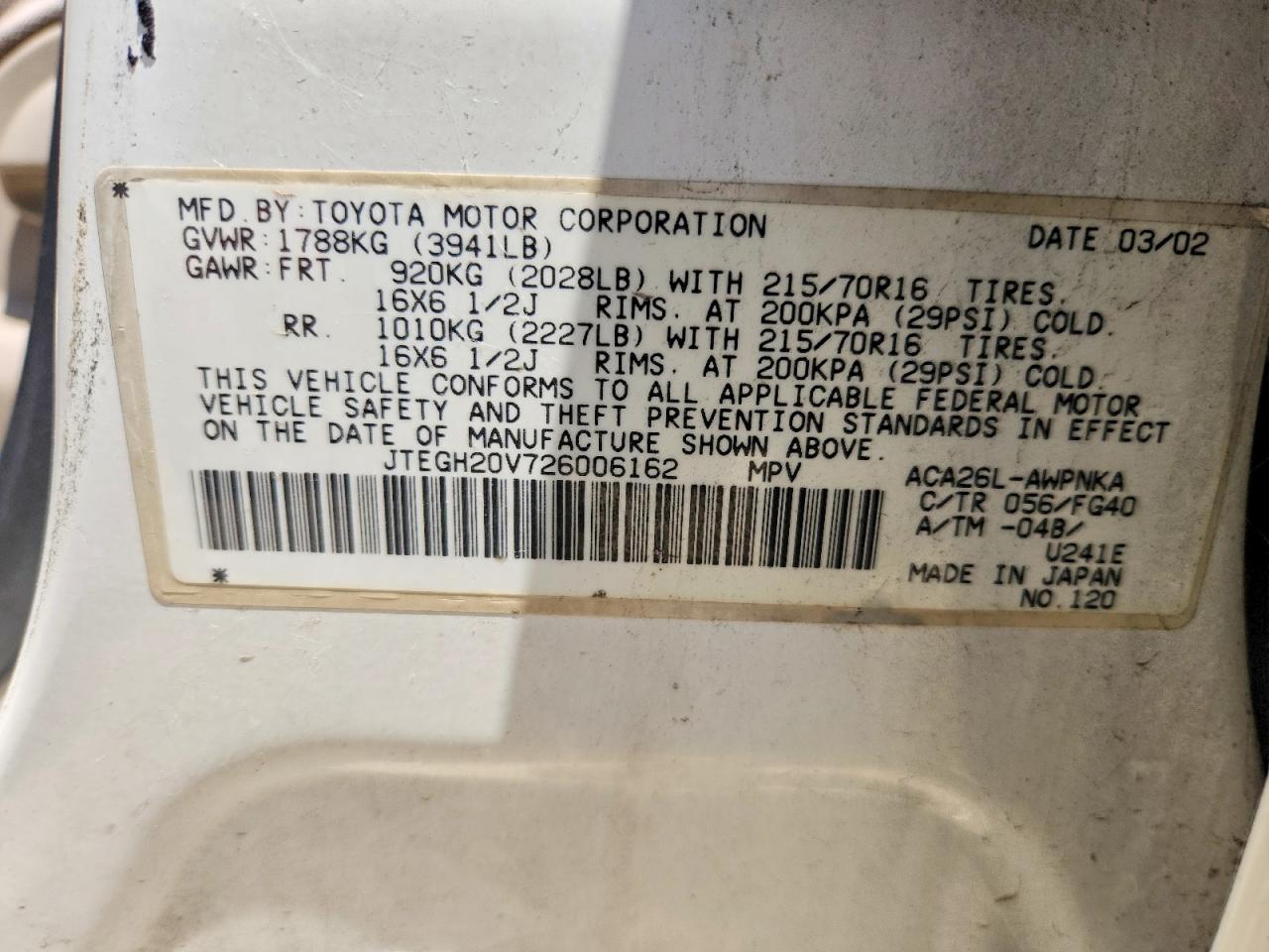 2002 Toyota Rav4 Base White vin: JTEGH20V726006162