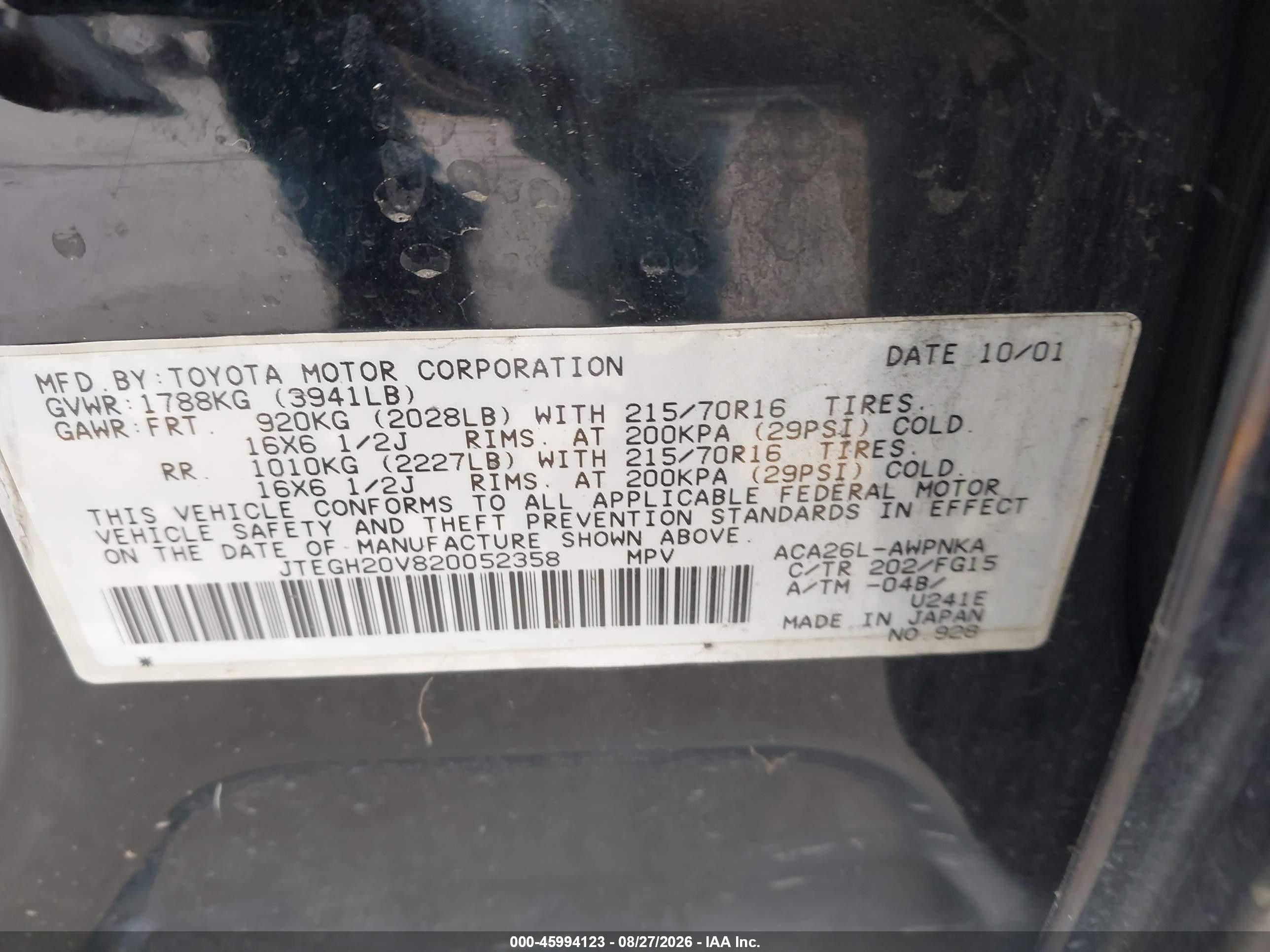 2002 Toyota Rav4   Black vin: JTEGH20V820052358