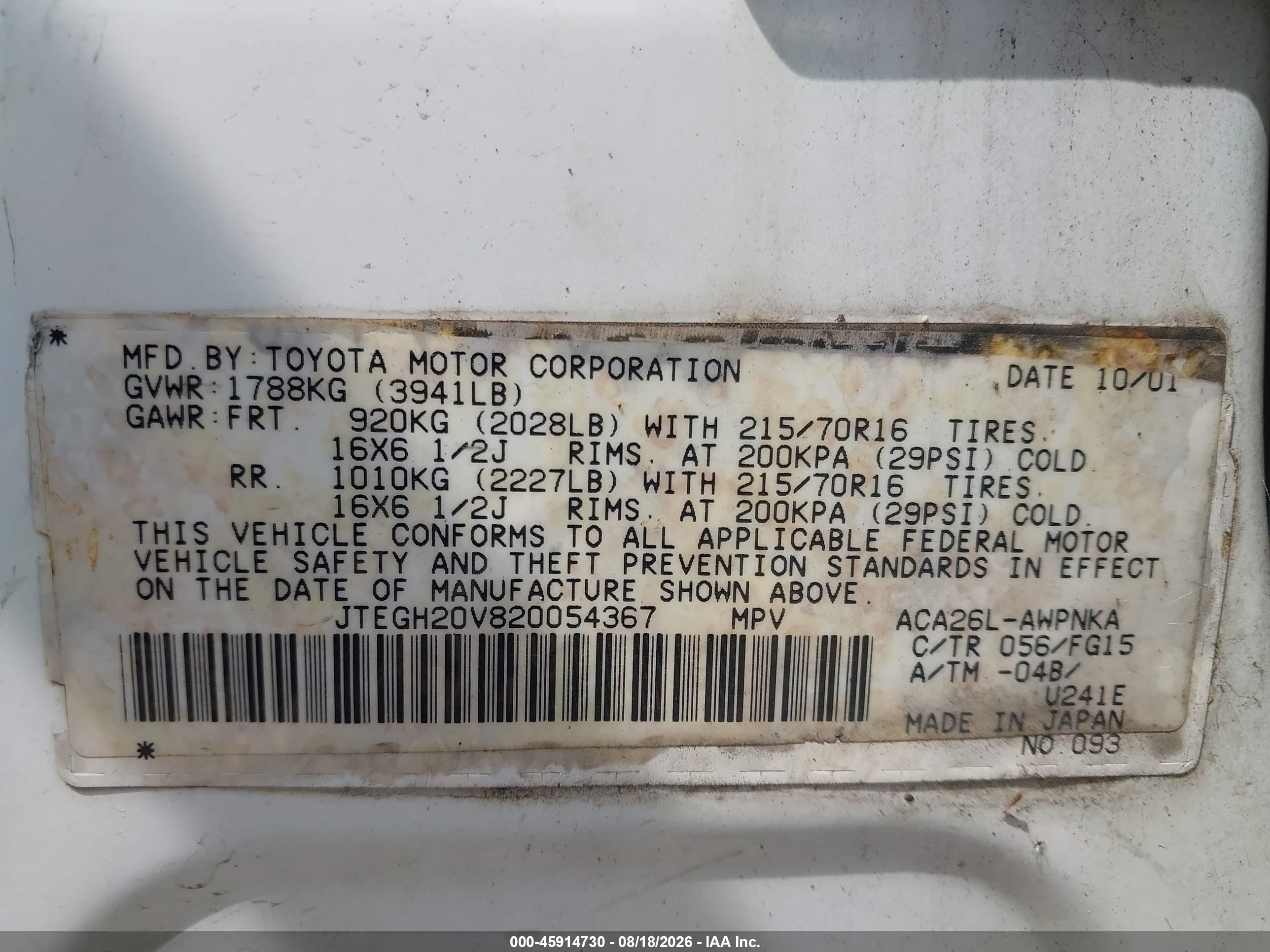 2002 Toyota Rav4   White vin: JTEGH20V820054367