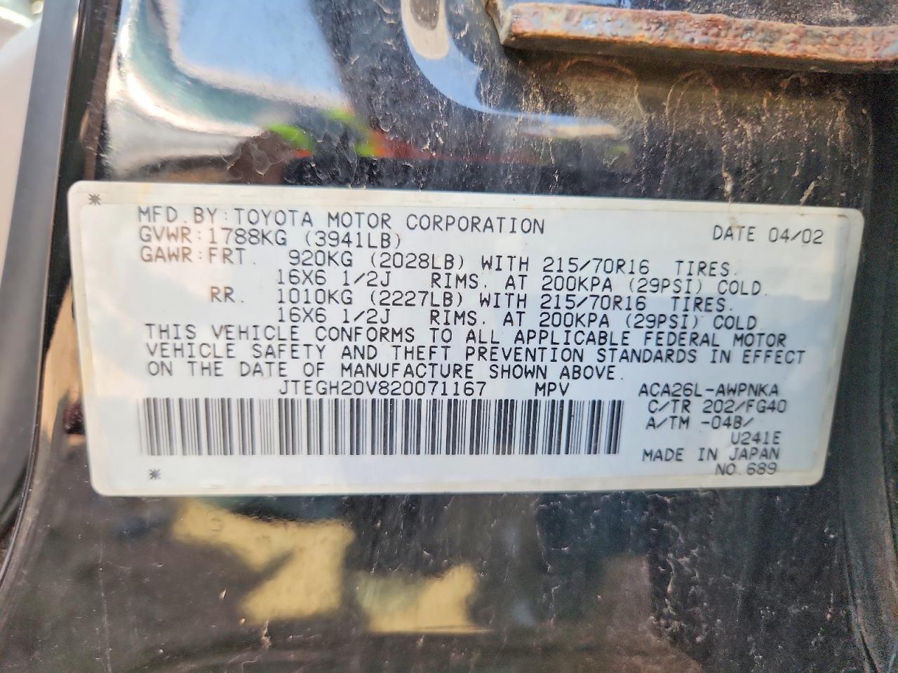 2002 Toyota Rav4 Base Black vin: JTEGH20V820071167