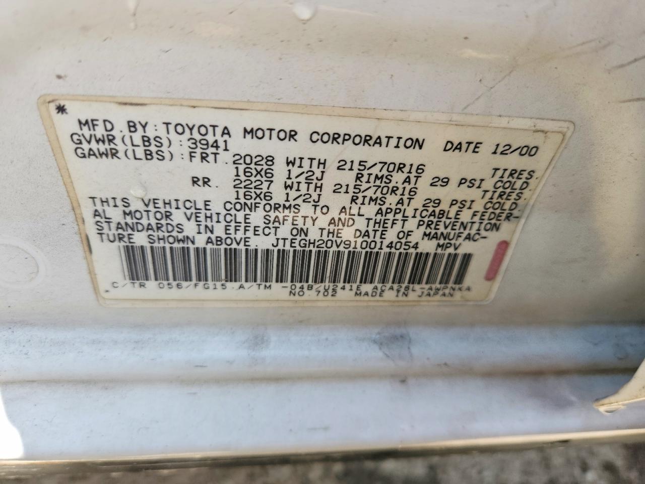 2001 Toyota Rav4 Base White vin: JTEGH20V910014054