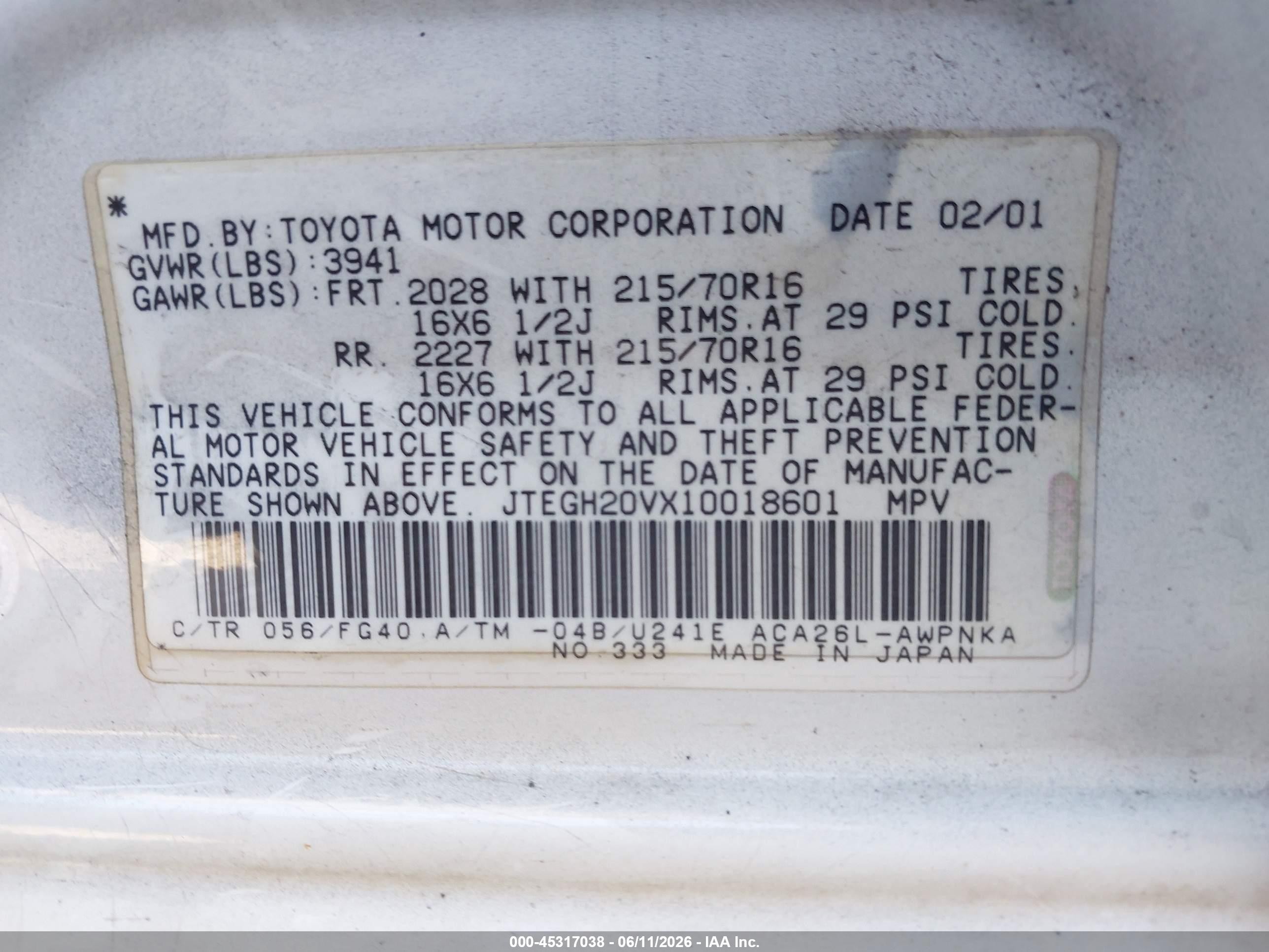 2001 Toyota Rav4   White vin: JTEGH20VX10018601