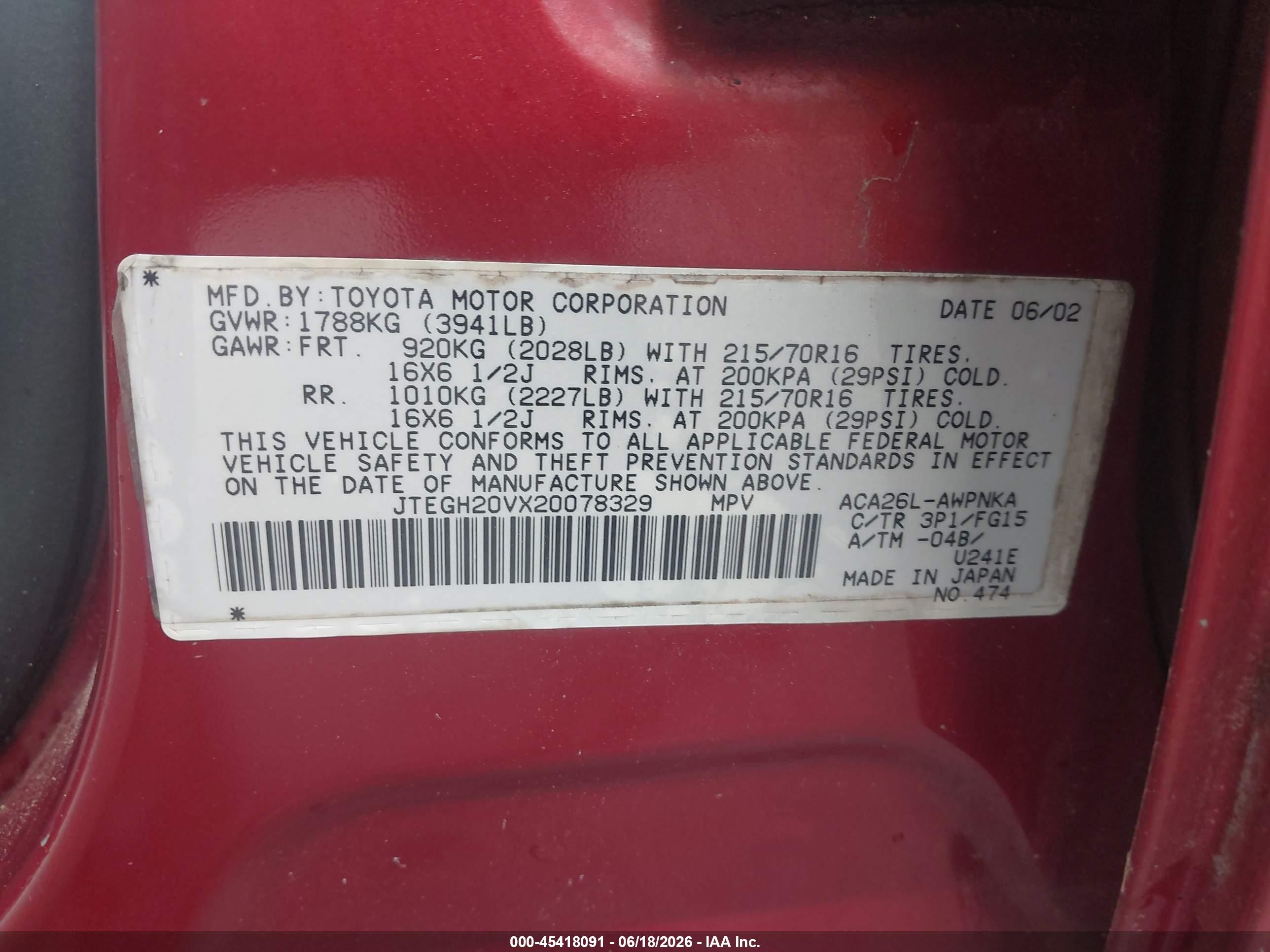 2002 Toyota Rav4   Orange vin: JTEGH20VX20078329
