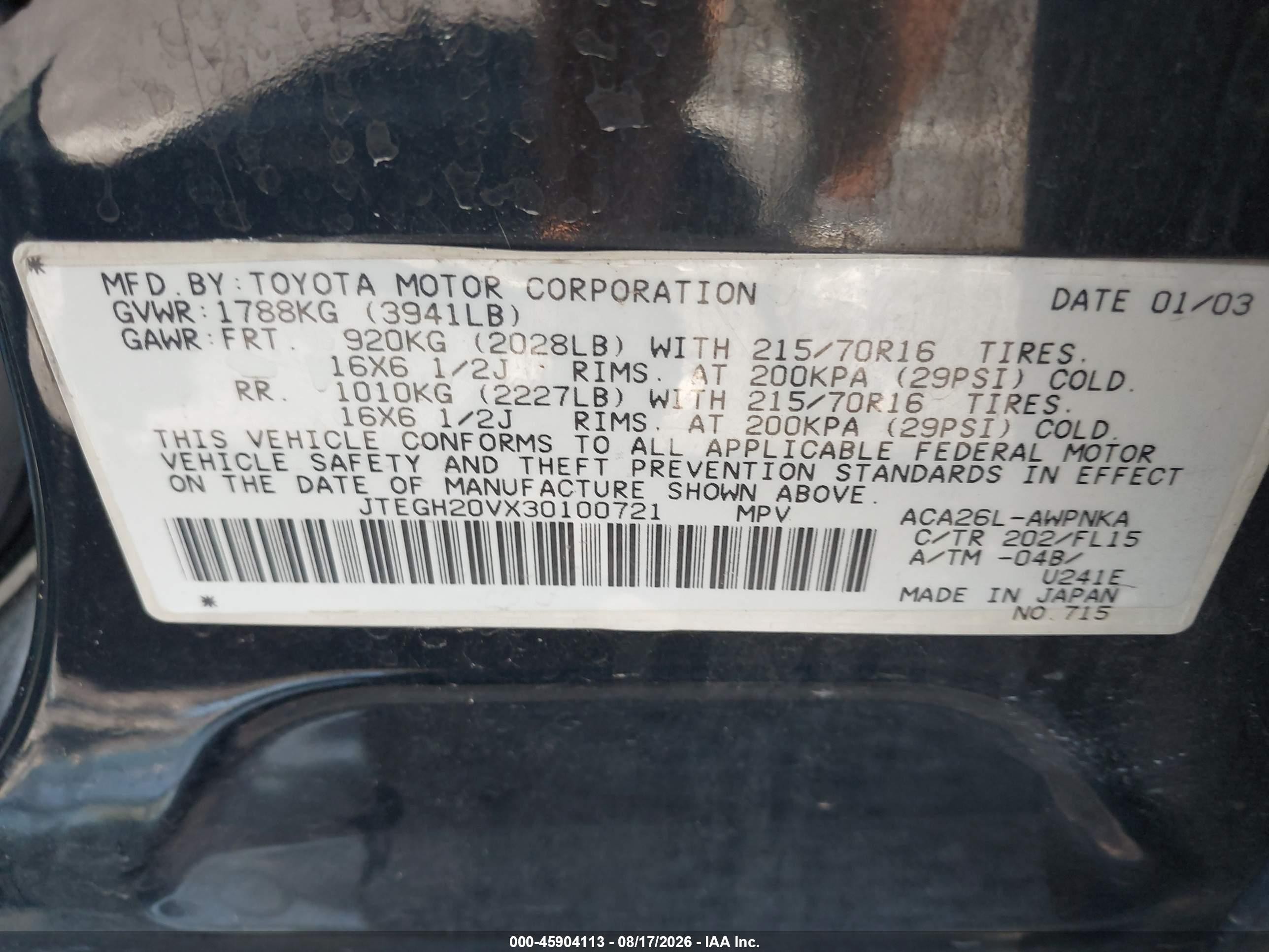 2003 Toyota Rav4   Black vin: JTEGH20VX30100721