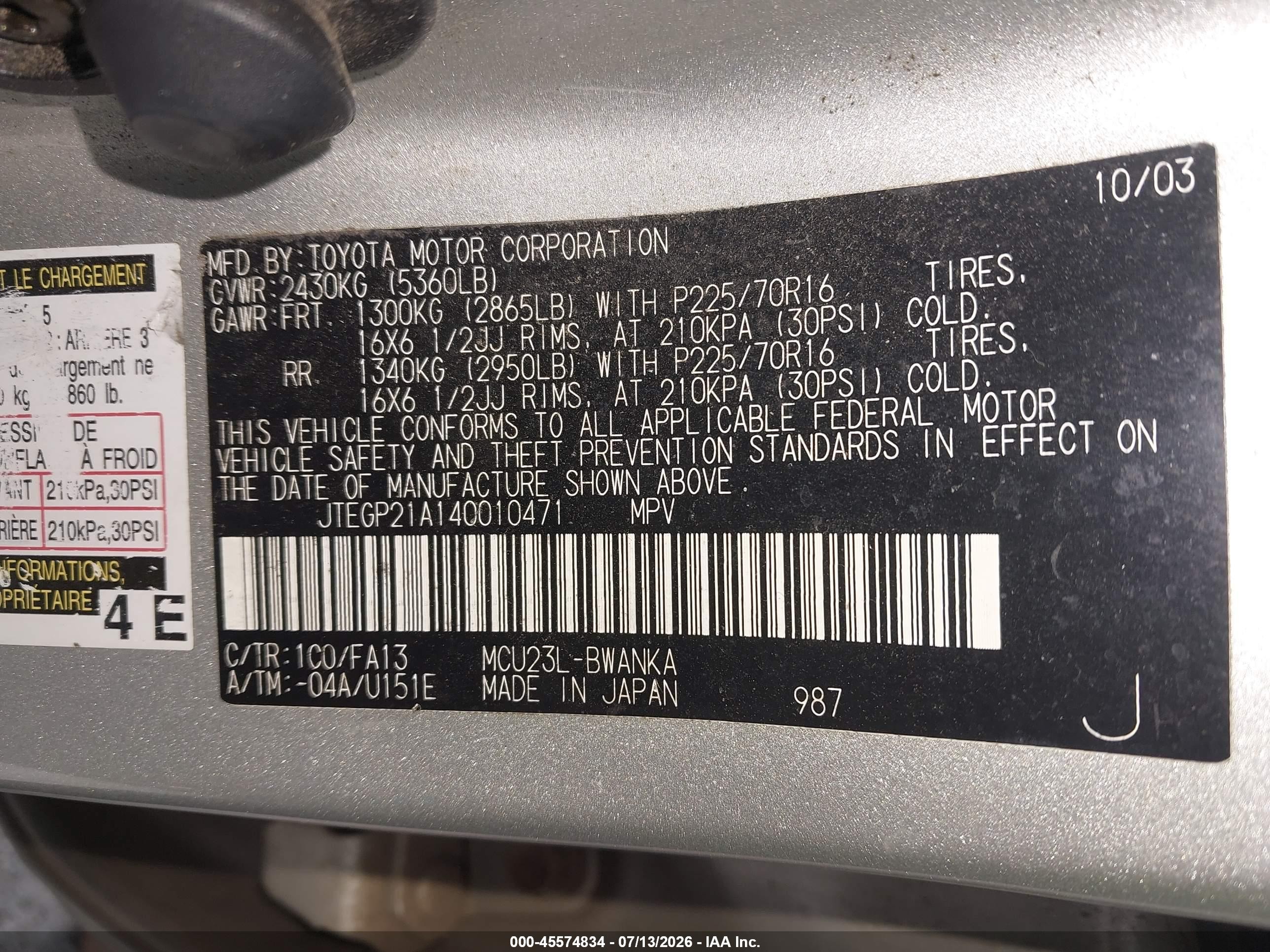 2004 Toyota Highlander V6 Silver vin: JTEGP21A140010471