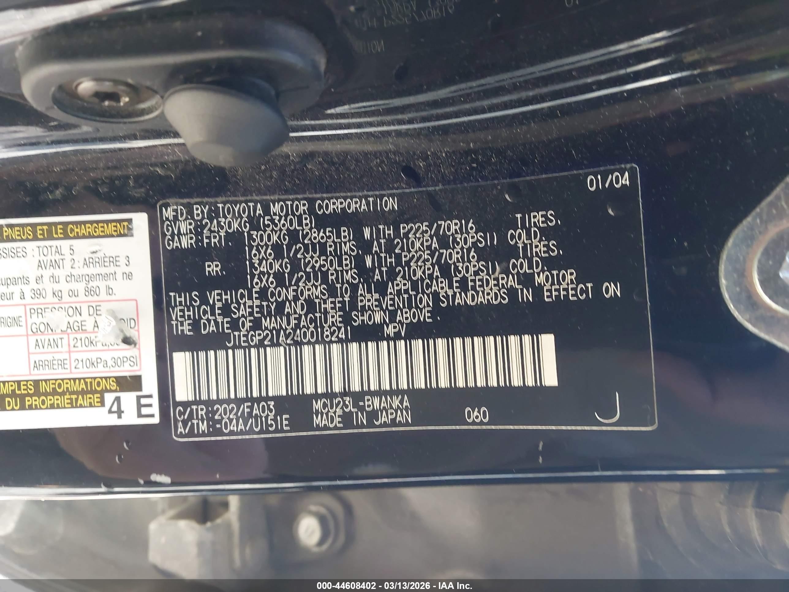 2004 Toyota Highlander V6 Black vin: JTEGP21A240018241