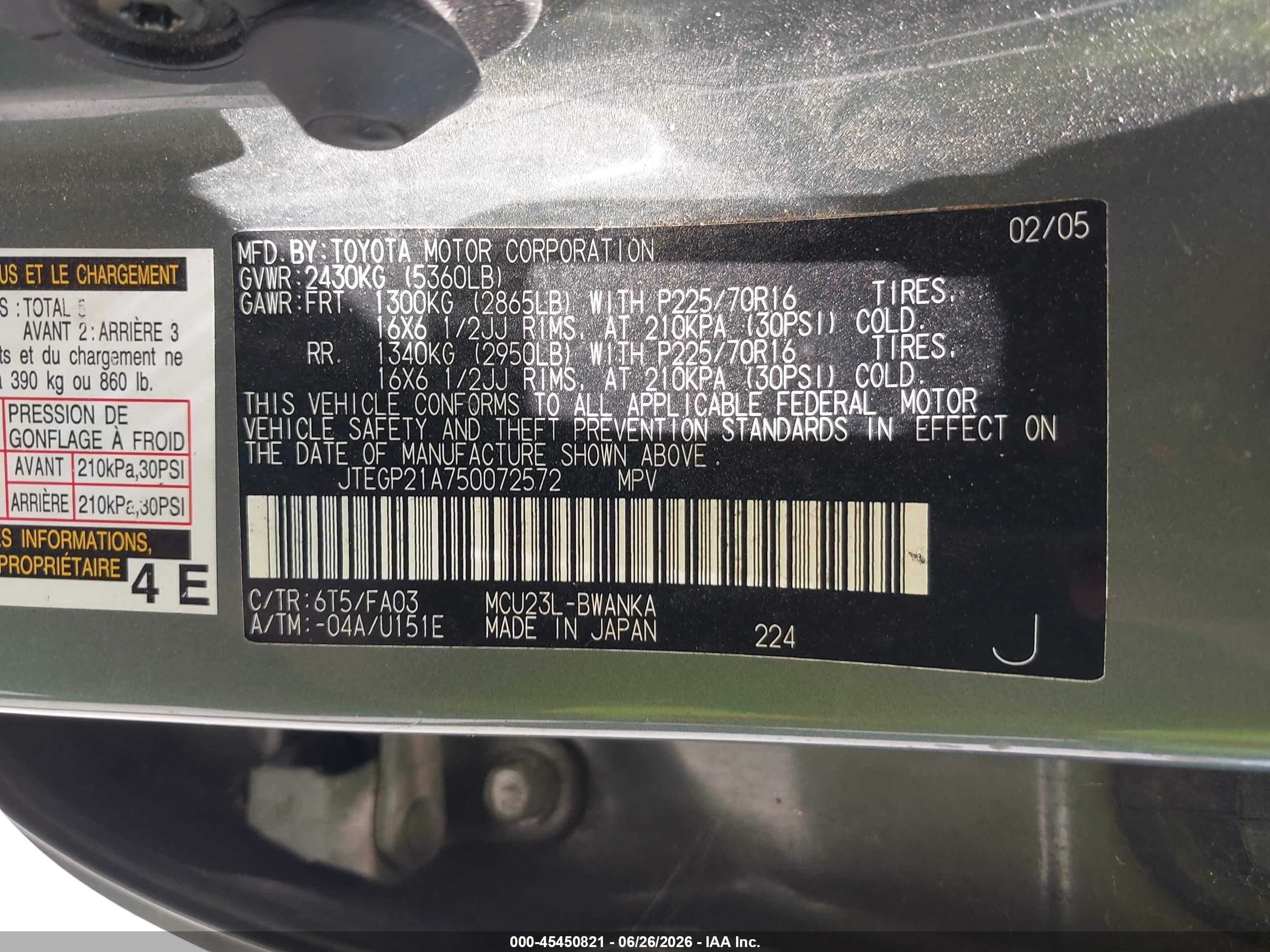 2005 Toyota Highlander V6 Green vin: JTEGP21A750072572