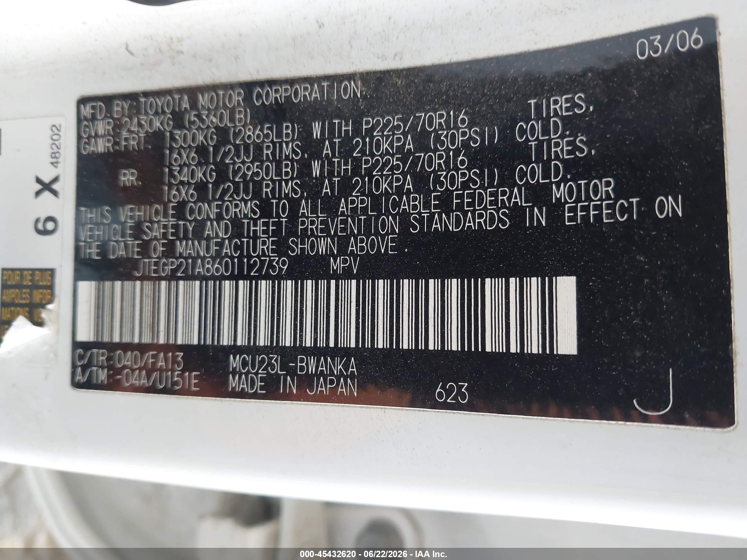 2006 Toyota Highlander V6 White vin: JTEGP21A860112739