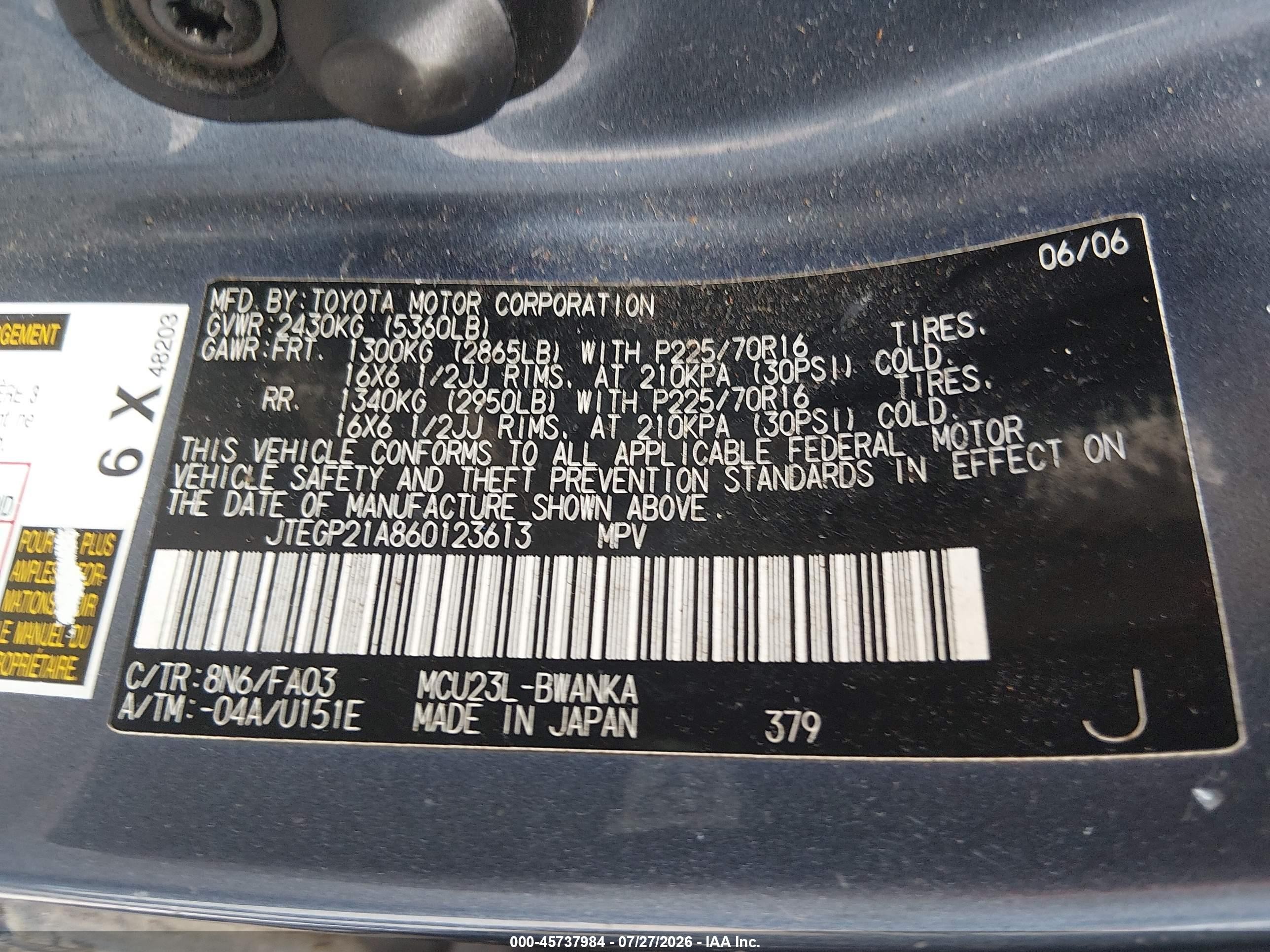2006 Toyota Highlander V6 Blue vin: JTEGP21A860123613