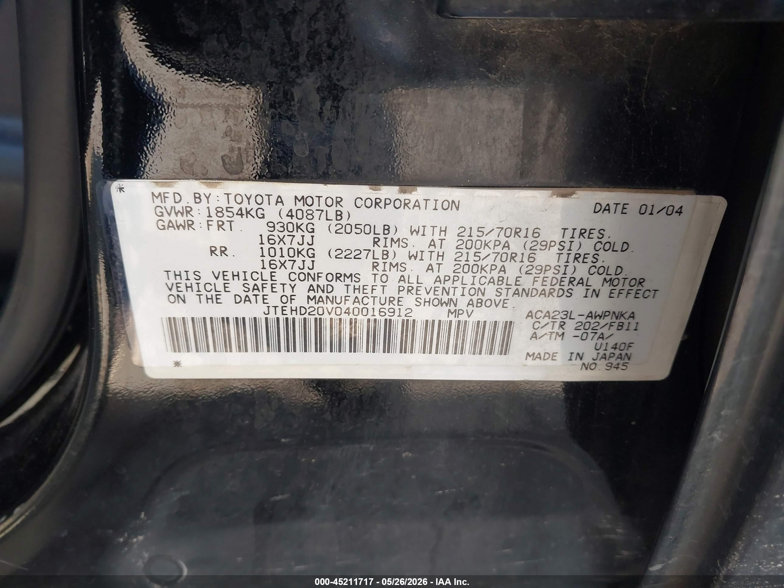 2004 Toyota Rav4   Черный vin: JTEHD20V040016912