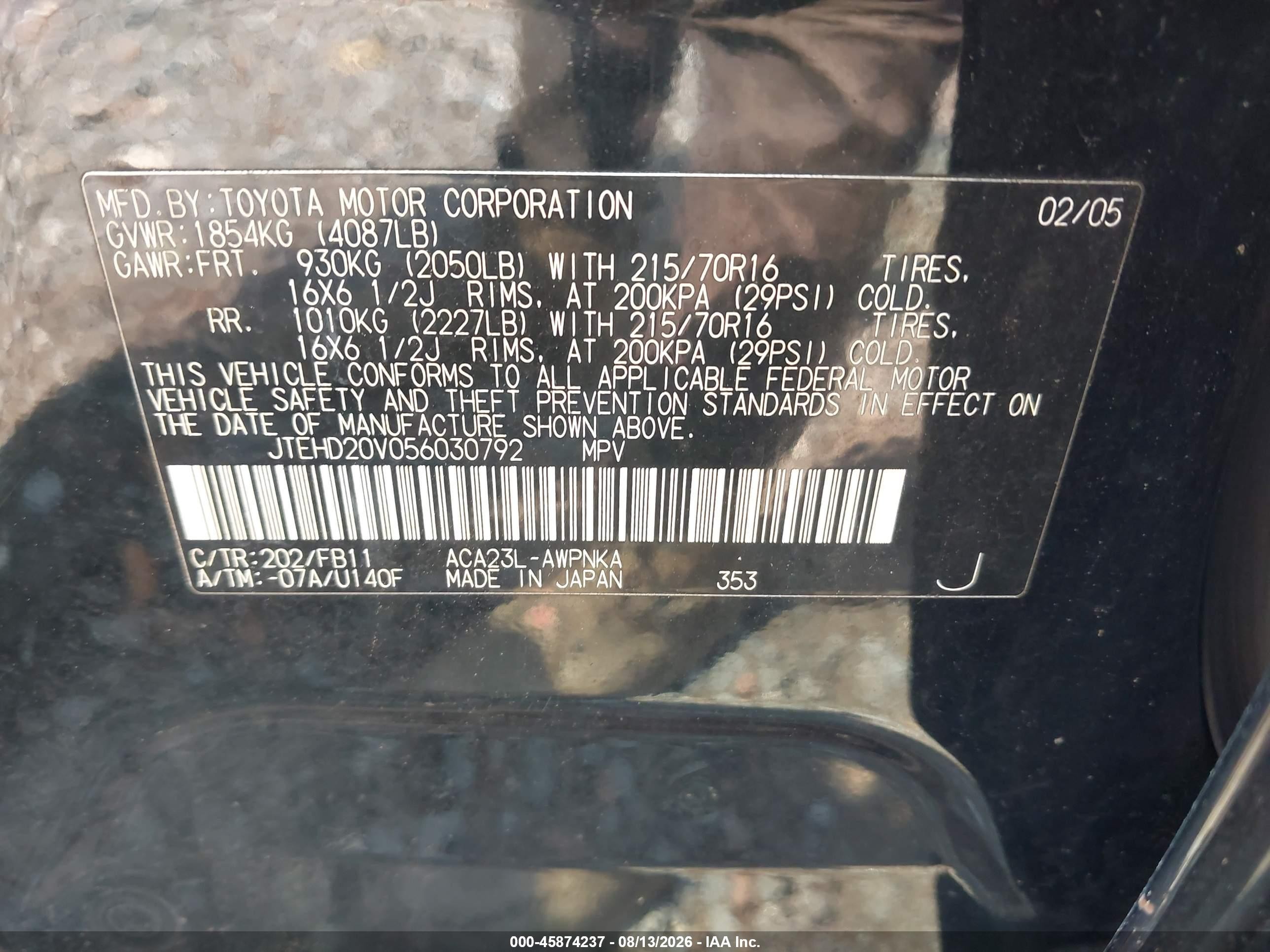 2005 Toyota Rav4   Black vin: JTEHD20V056030792