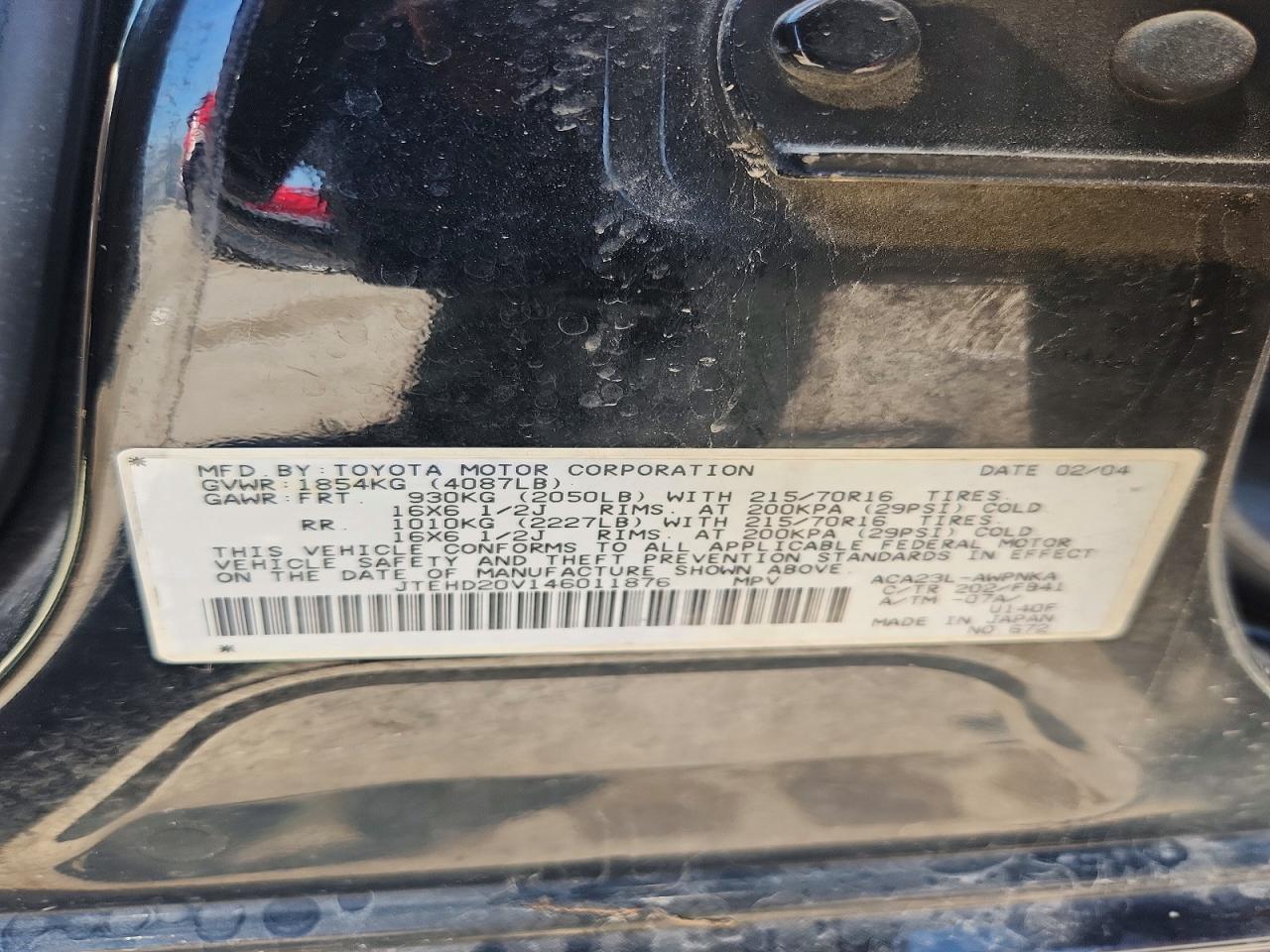 2004 Toyota Rav4 Base Black vin: JTEHD20V146011876