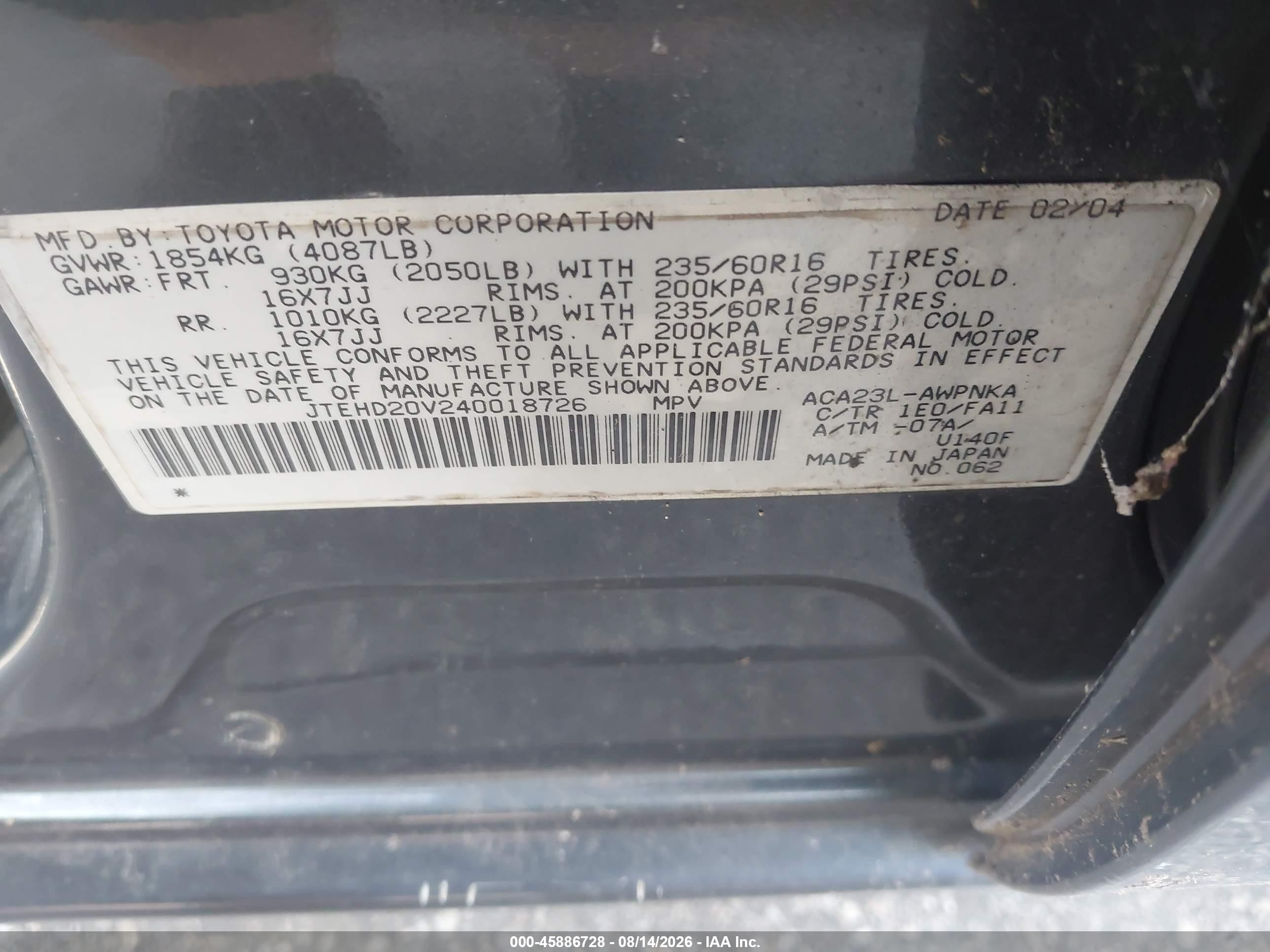 2004 Toyota Rav4   Black vin: JTEHD20V240018726